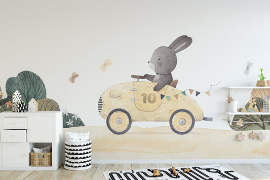 Adorable bunny car ride wallpaper mural for kids' rooms.