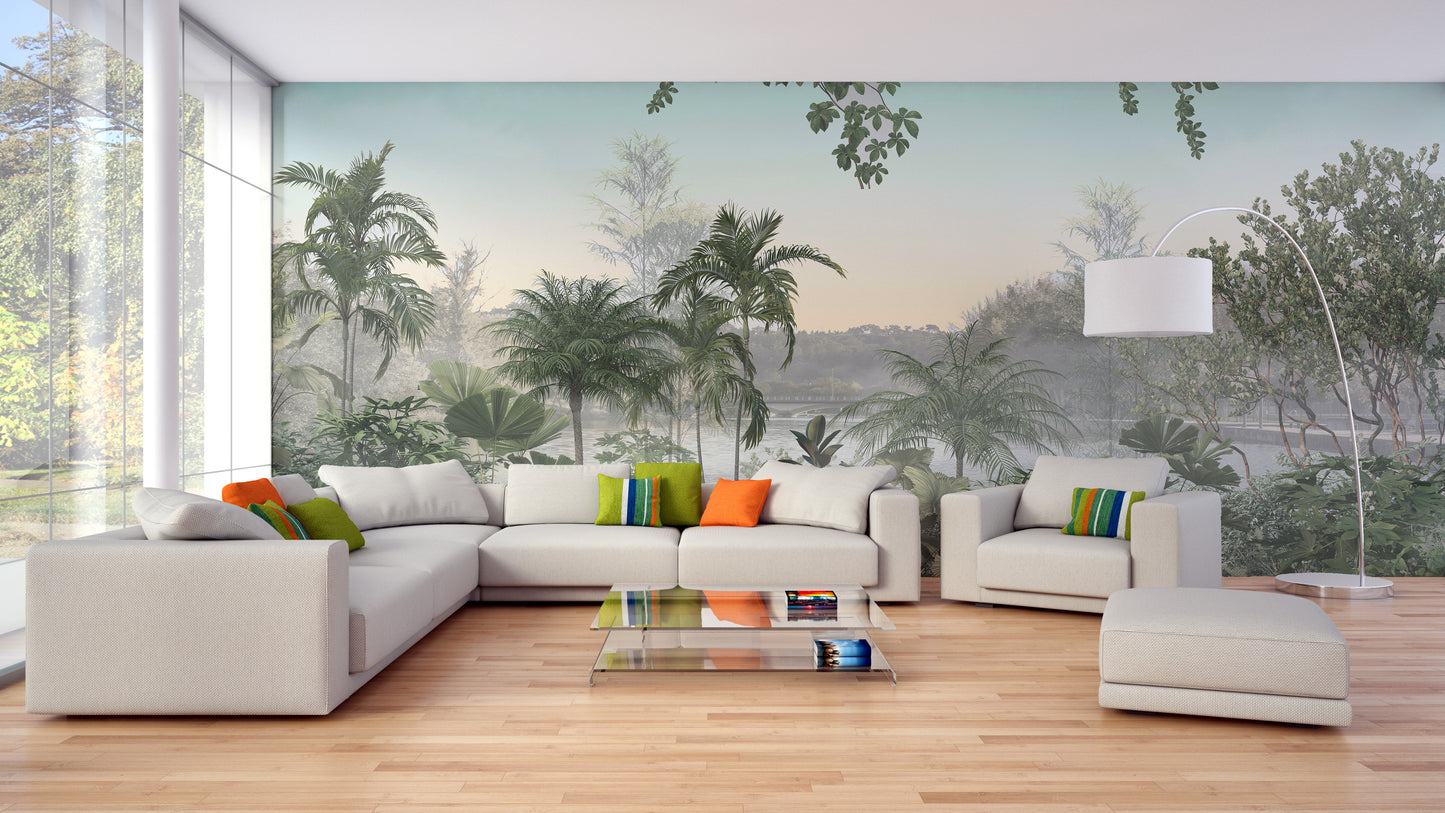 Tropical Trees Under Cerulean Skies Wallpaper Mural