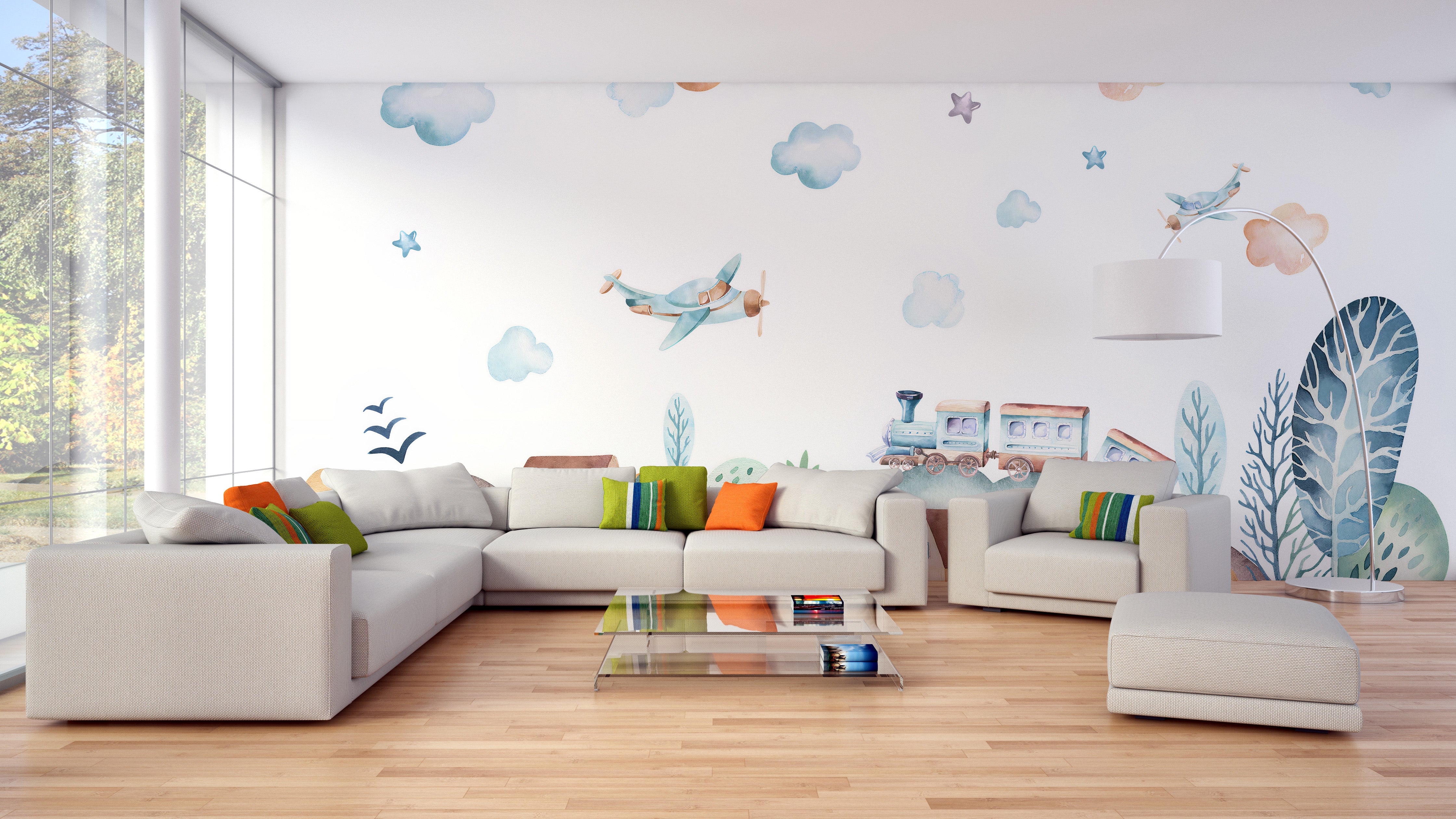 Playful Watercolor Fun Village Wallpaper Mural for Bedrooms
