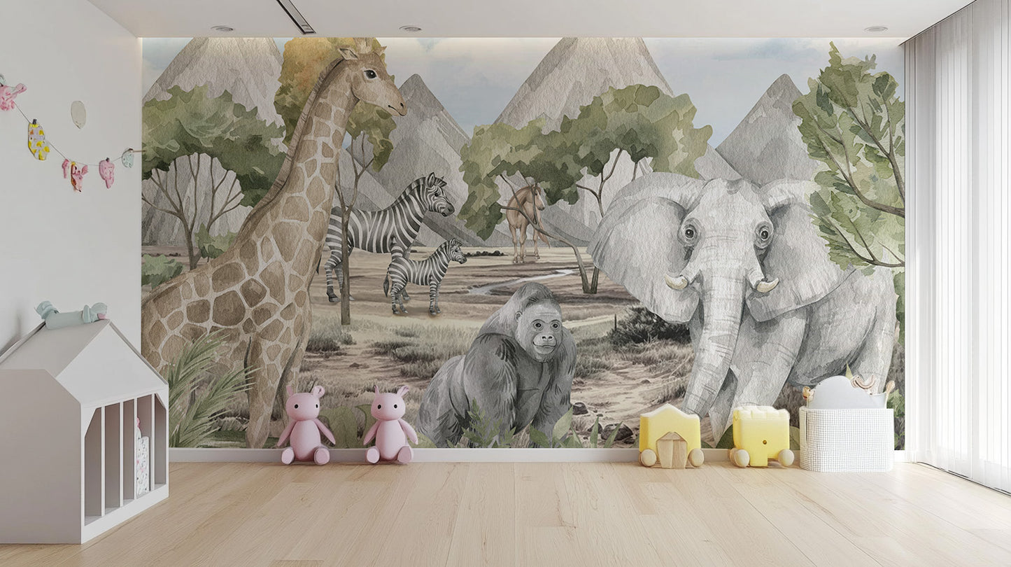 Savannah Serenity Wildlife Wall Mural for peaceful spaces