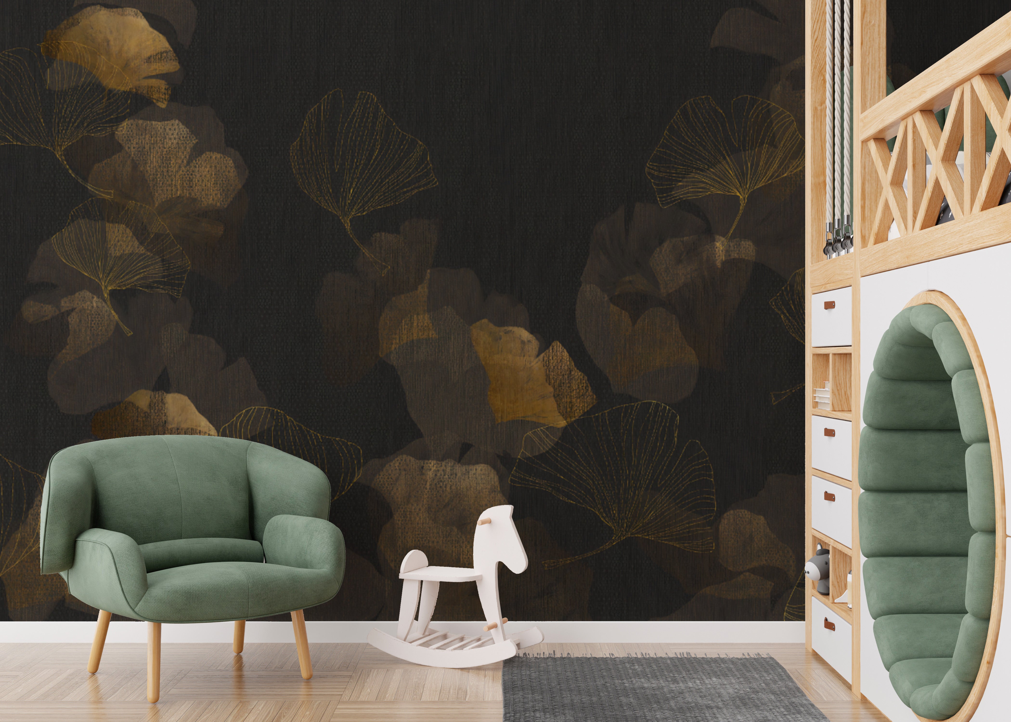 Black textured ginkgo wallpaper with intricate botanical details
