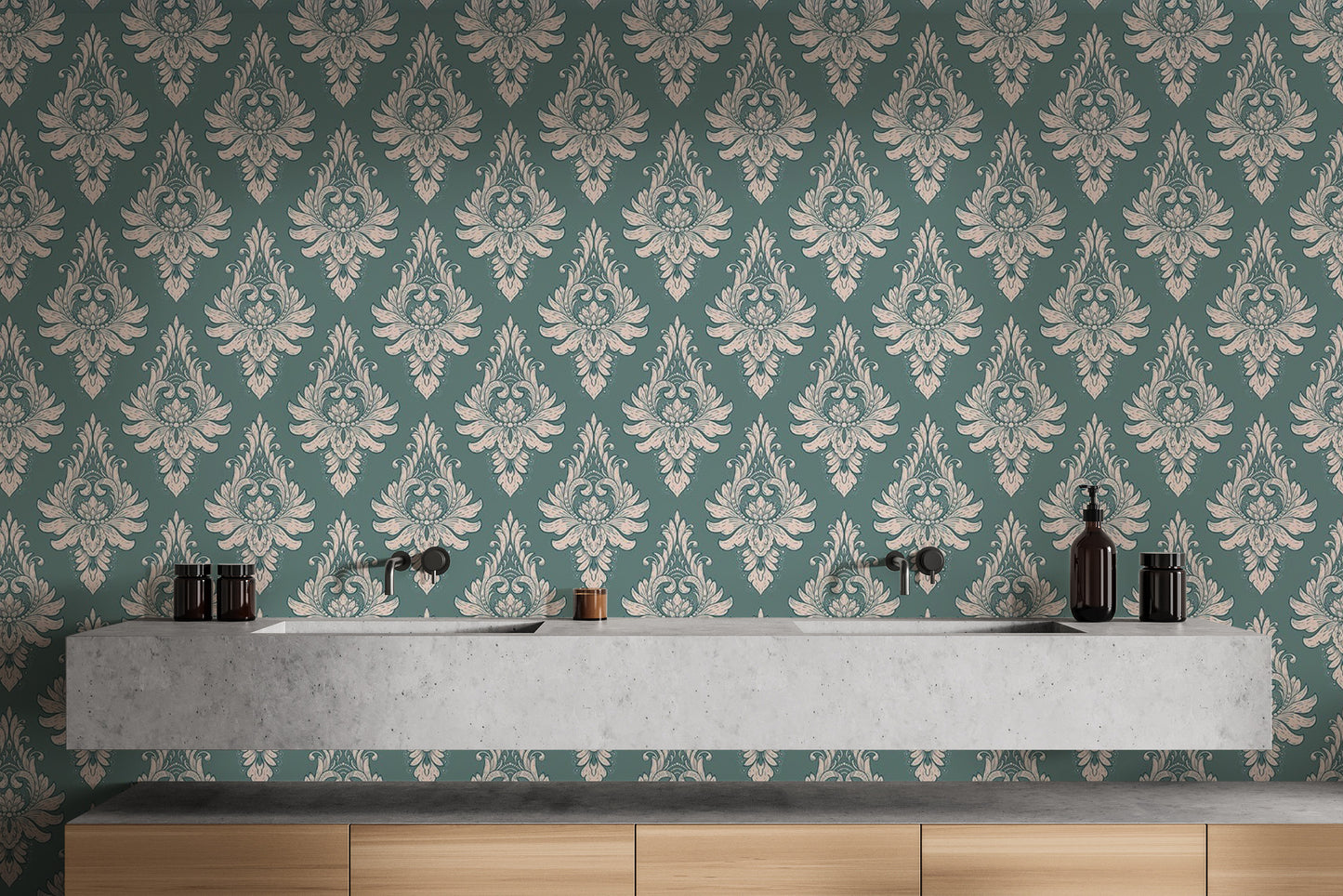 Self-Adhesive Green Damask Wallpaper Design