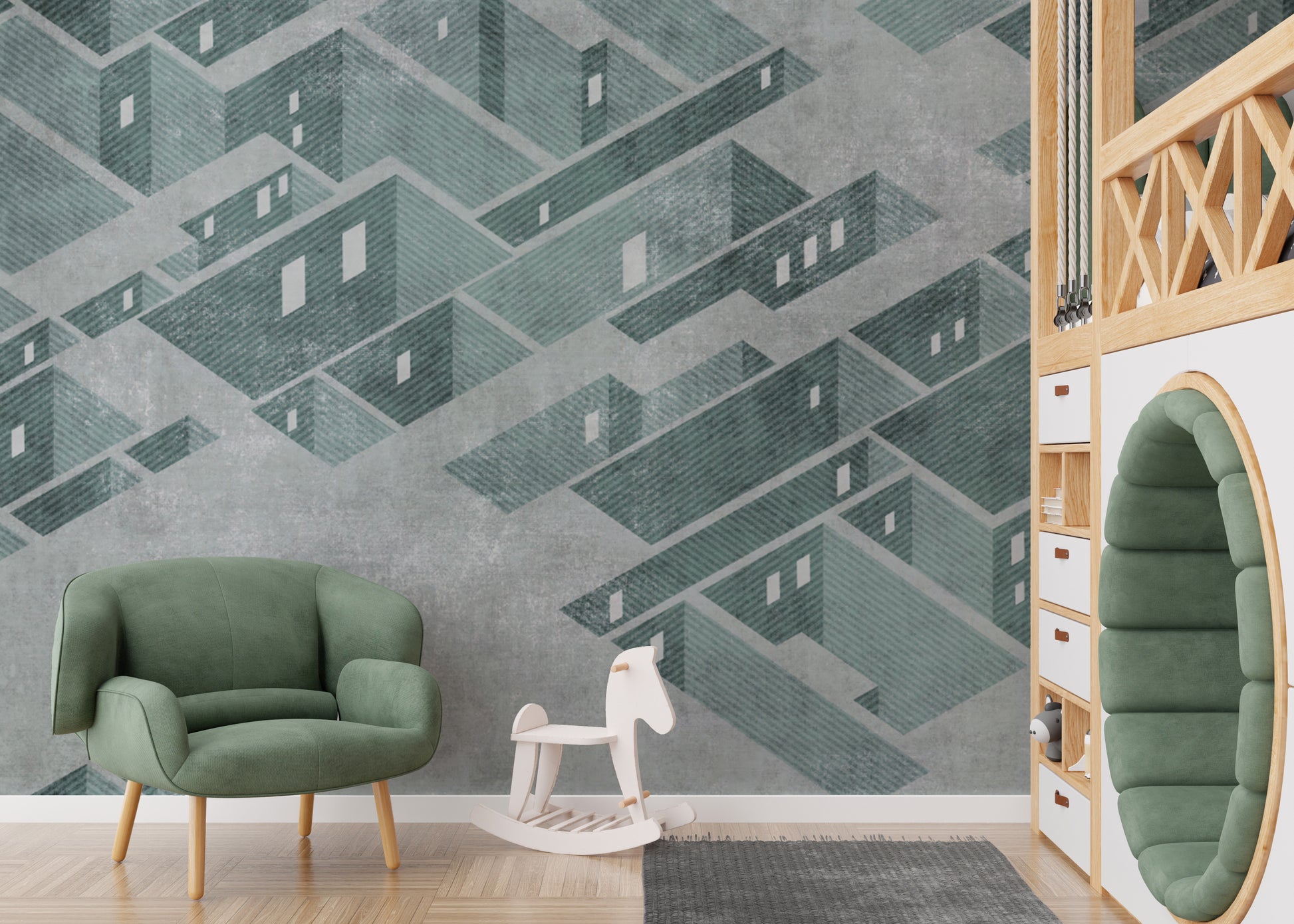 Mint green wall mural with geometric vector art design
