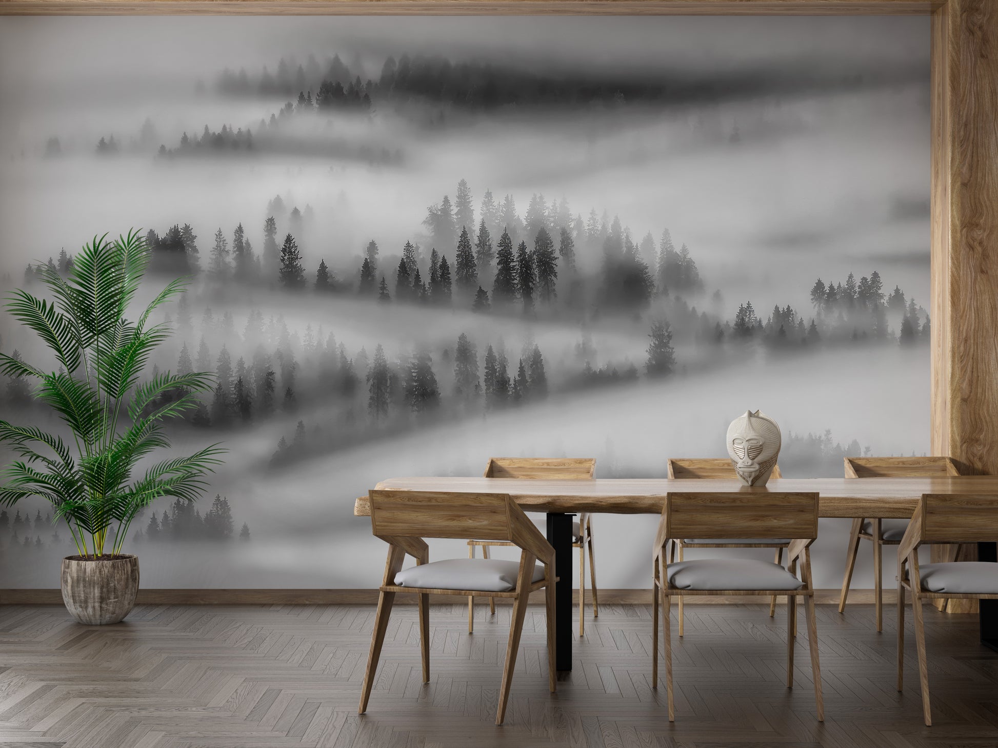 Black and white foggy forest wallpaper mural design