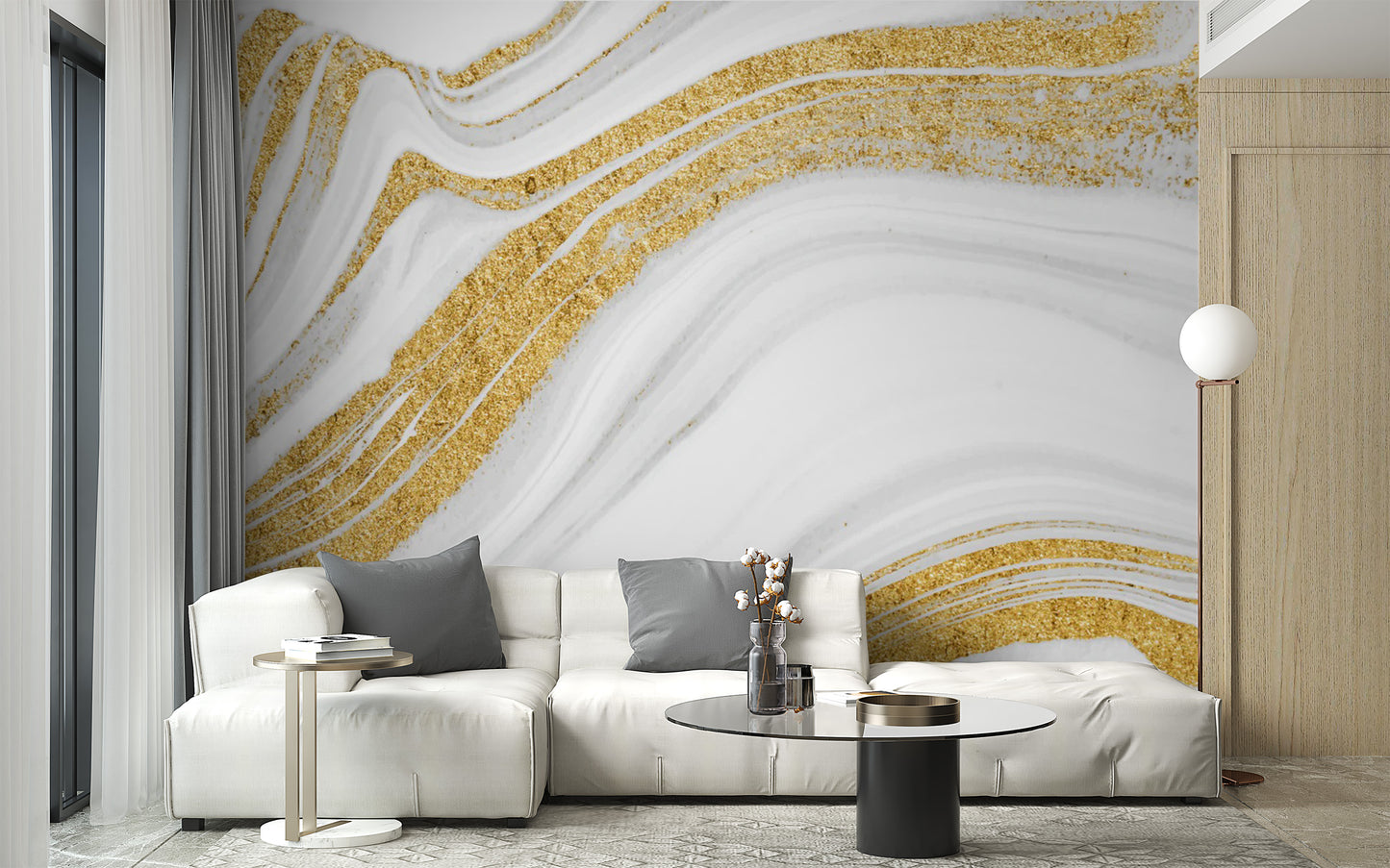 Sophisticated white gold marble wallpaper mural for chic walls.