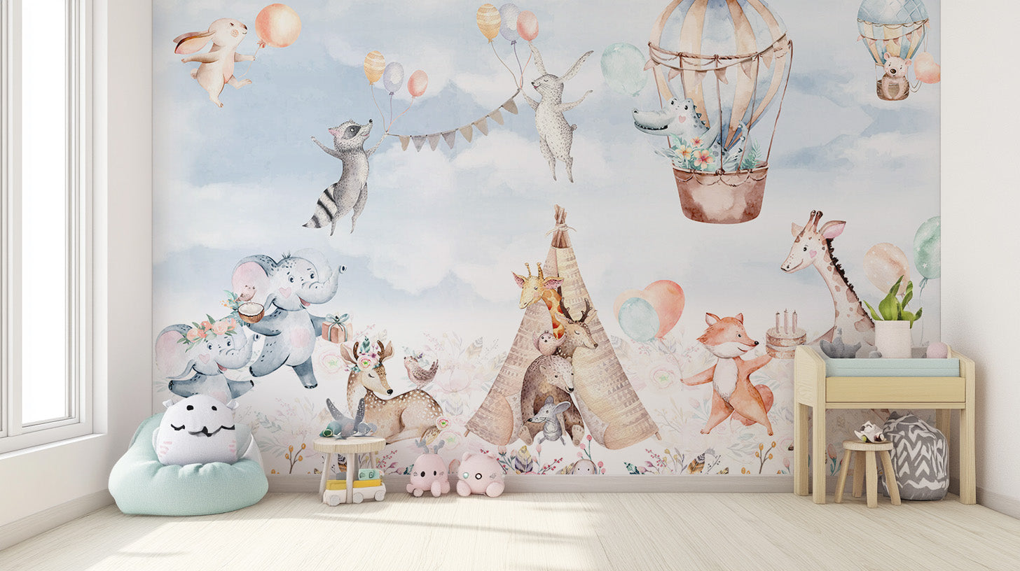 Blossom valley wallpaper with vibrant balloons mural art.
