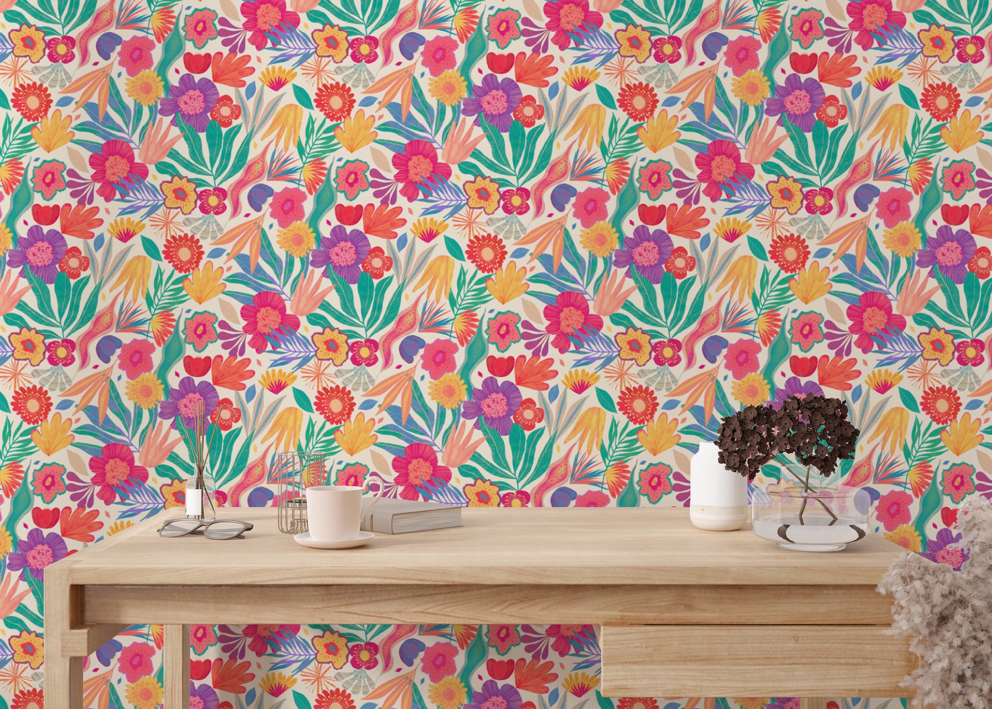 Lush exotic blooms mural for a tropical and lively interior.
