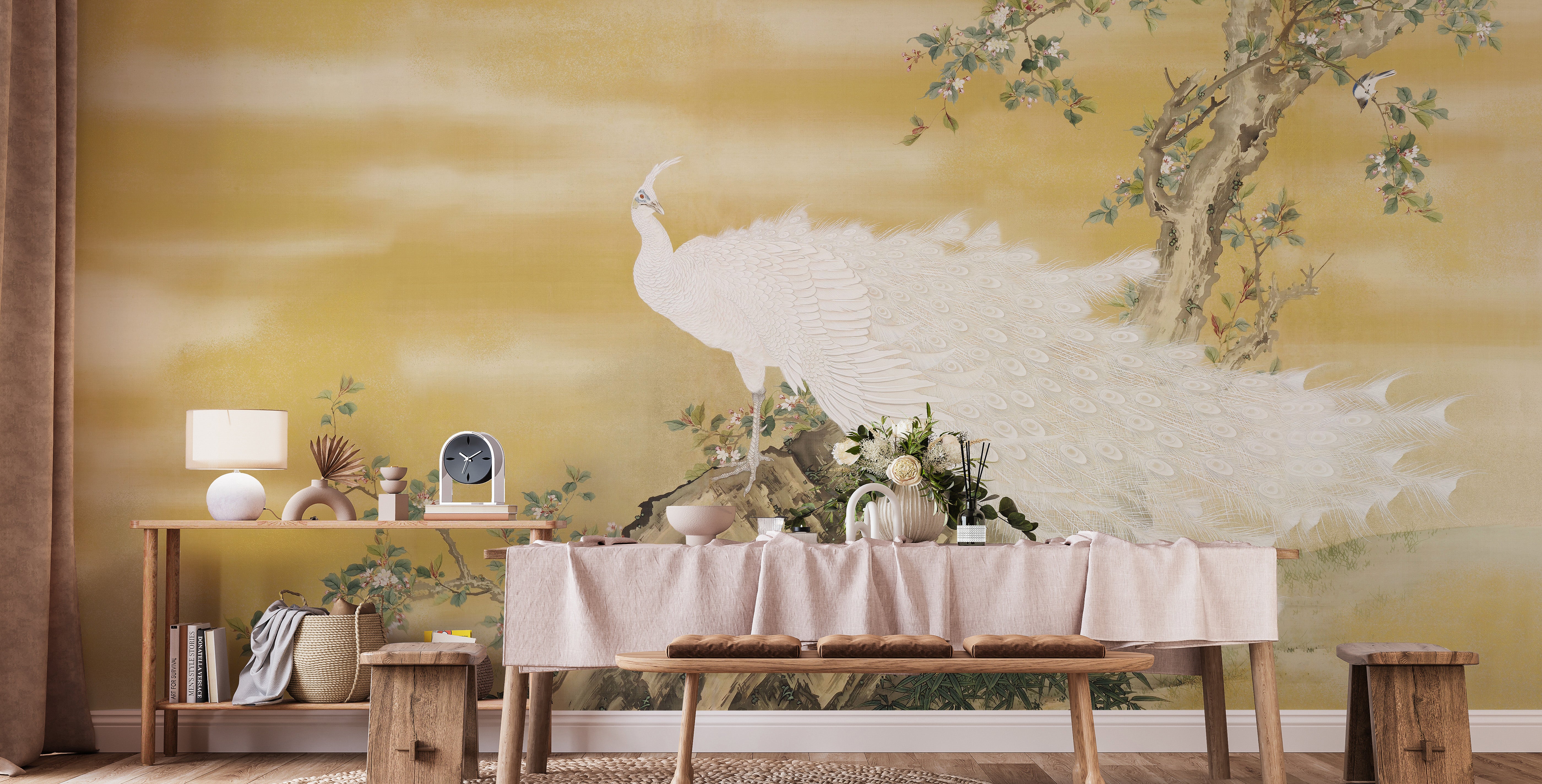 Stylish mural of white peafowl on golden backdrop
