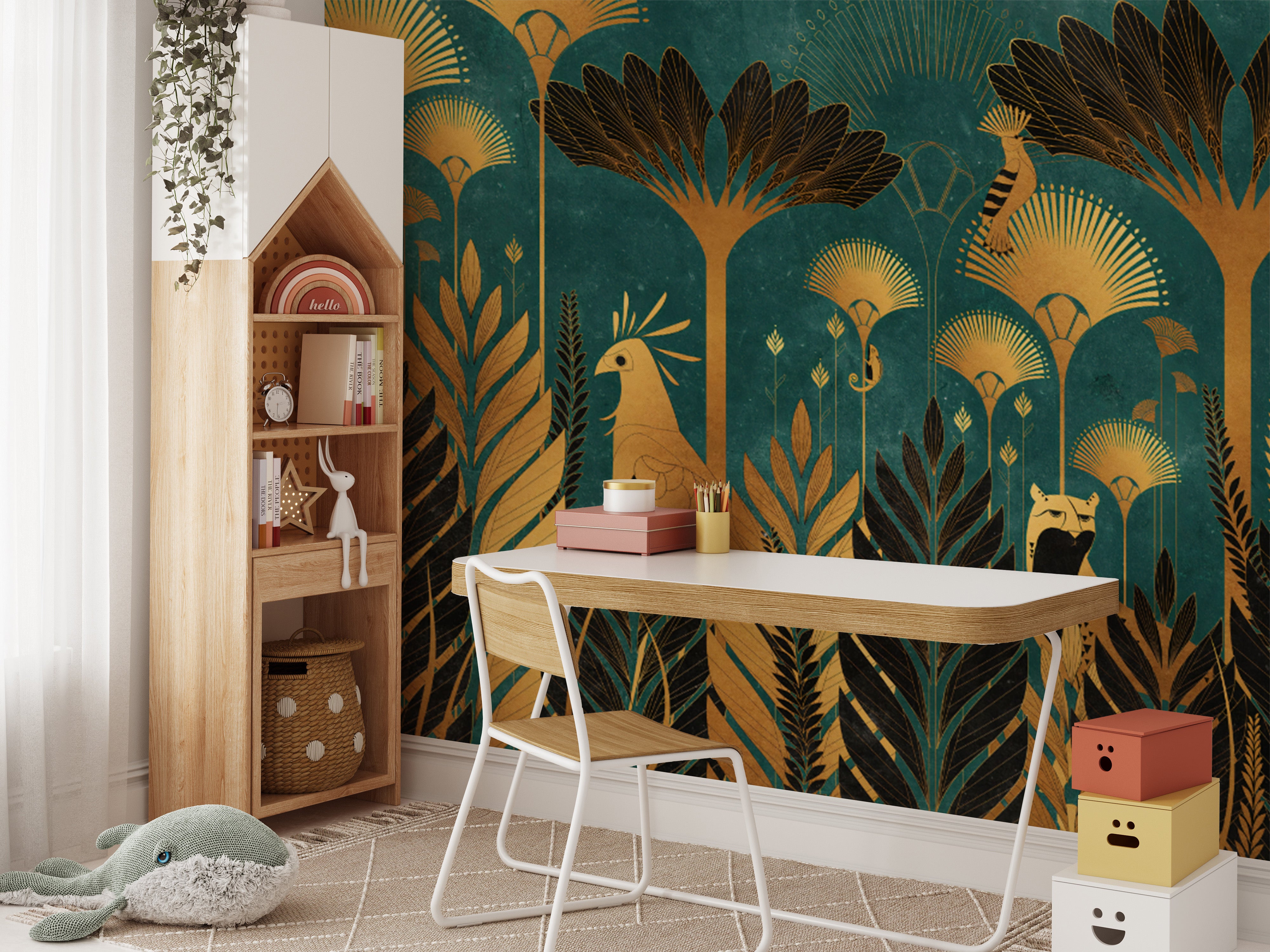 Bold teal Art Deco jungle wallpaper with palm leaves and gold
