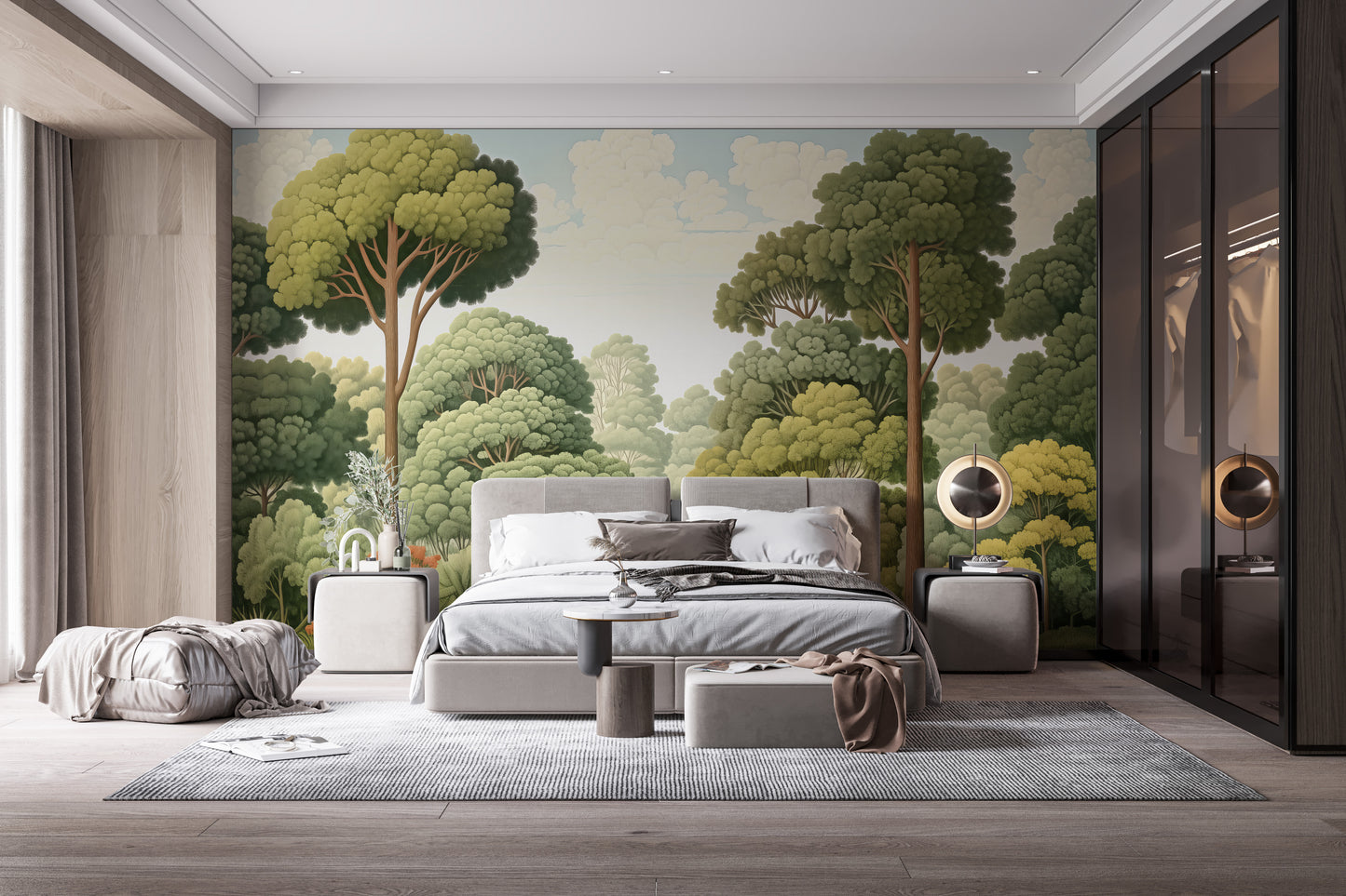 Natural woodcut forest wallpaper in green for a calming, woodland ambiance.
