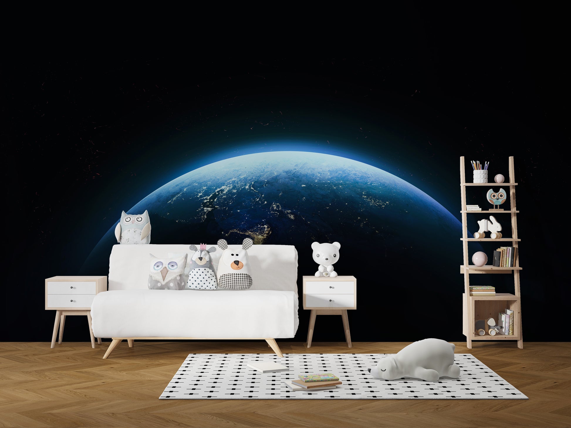 Cosmic-themed wall mural featuring Earth