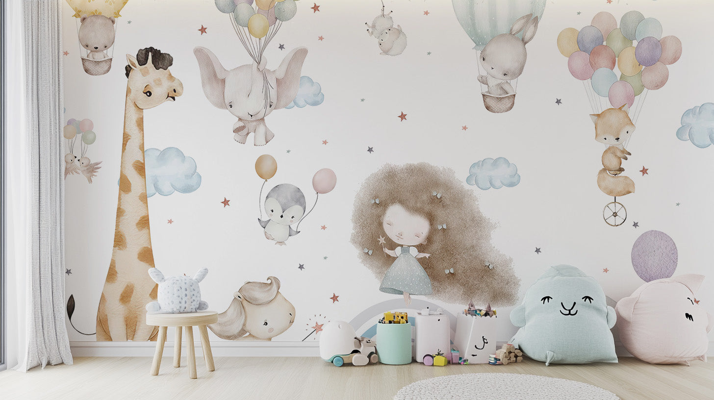 Whimsical mural wallpaper featuring playful Cloud Nine friends.
