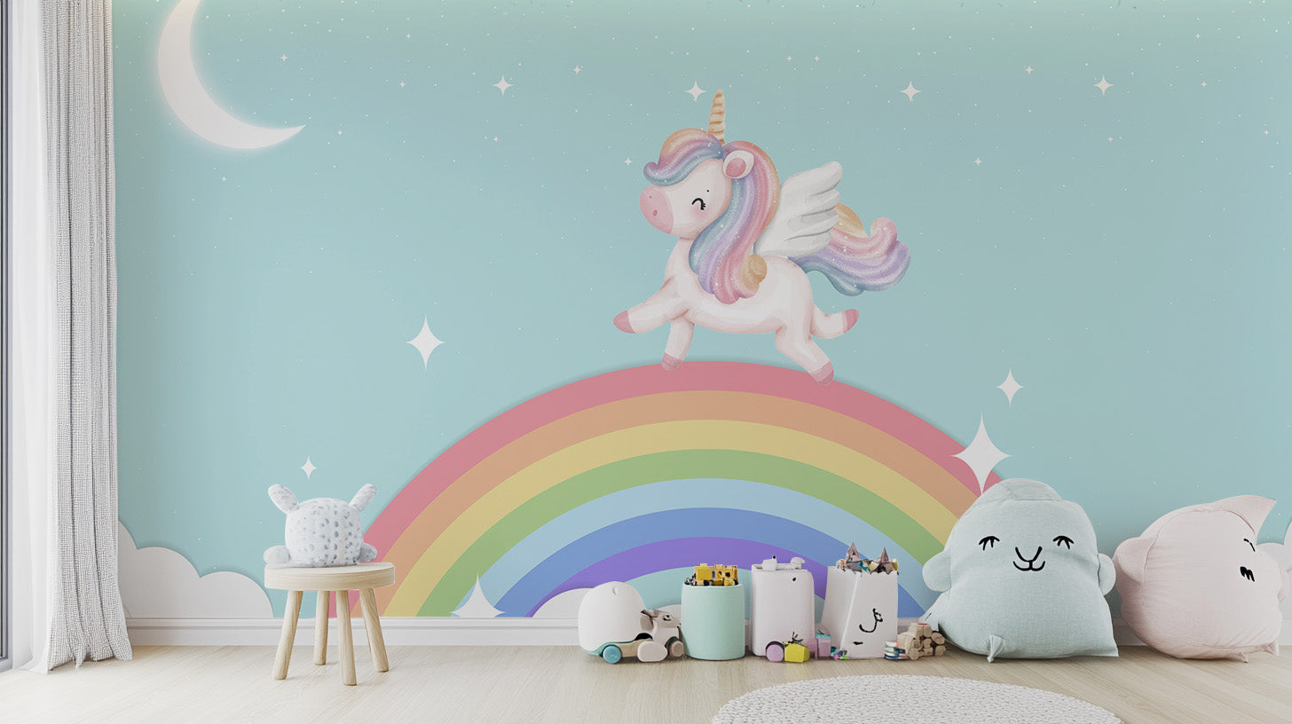 Enchanting unicorn mural wallpaper with starlit rainbow vibes.
