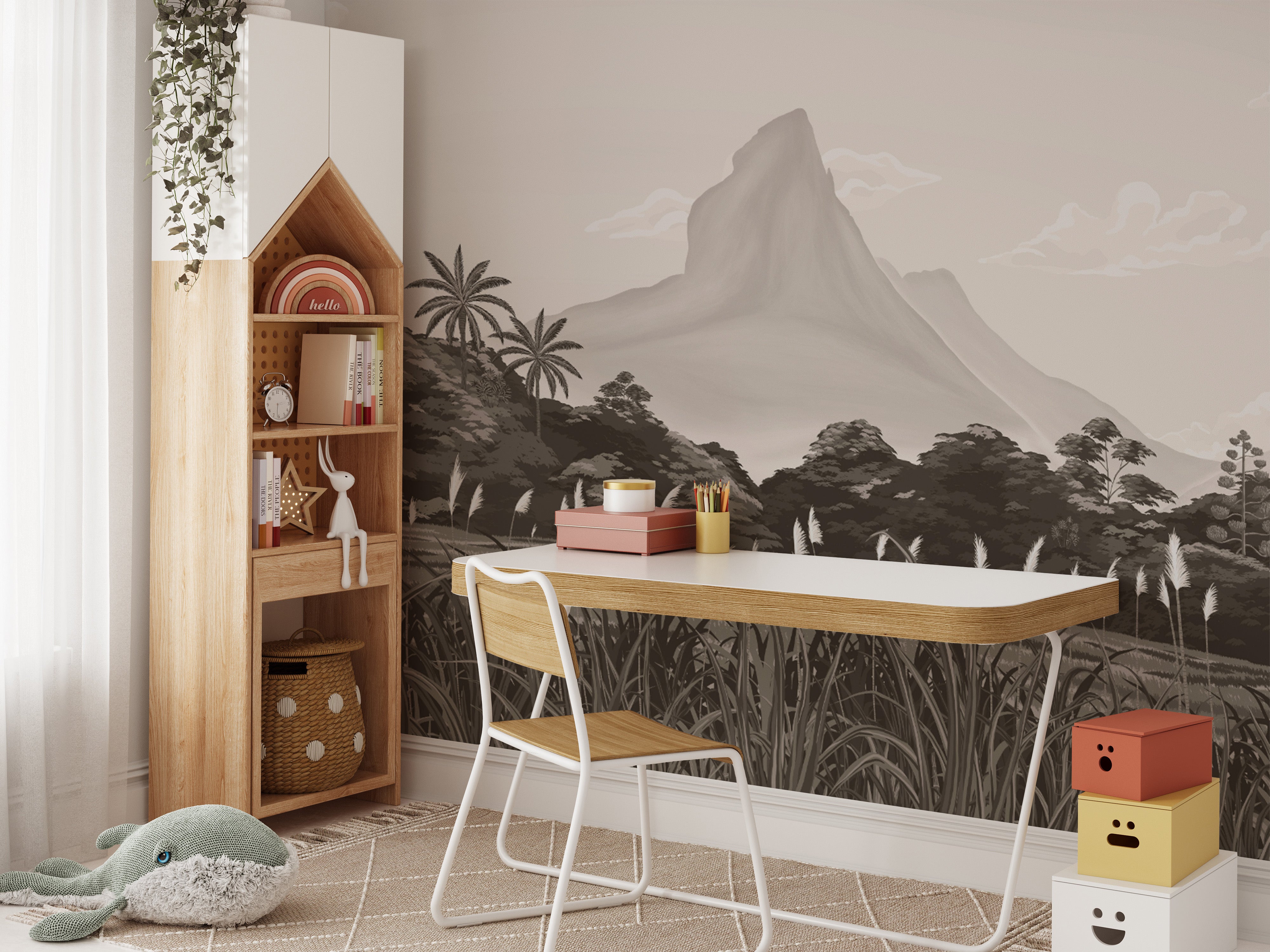 Tropical nature wall mural with mountains and lush trees
