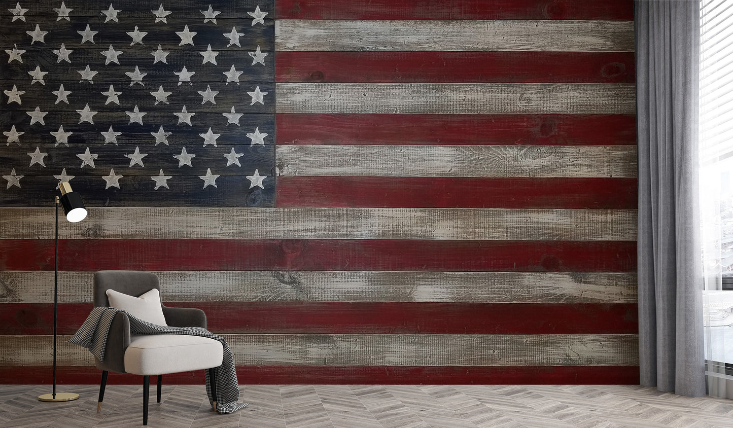 Bold American flag mural wallpaper living room
