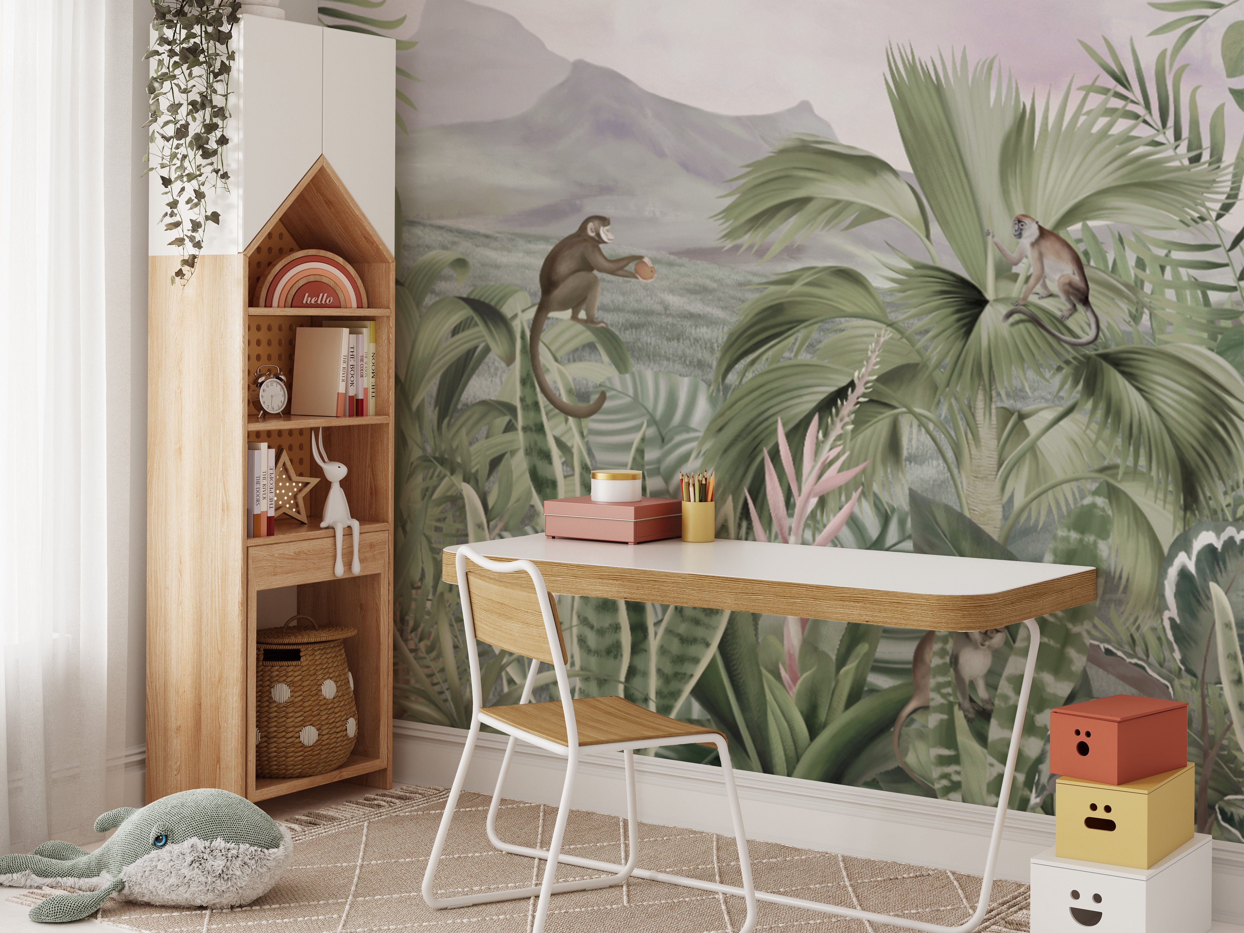 Monkey-themed jungle wallpaper for kids’ rooms
