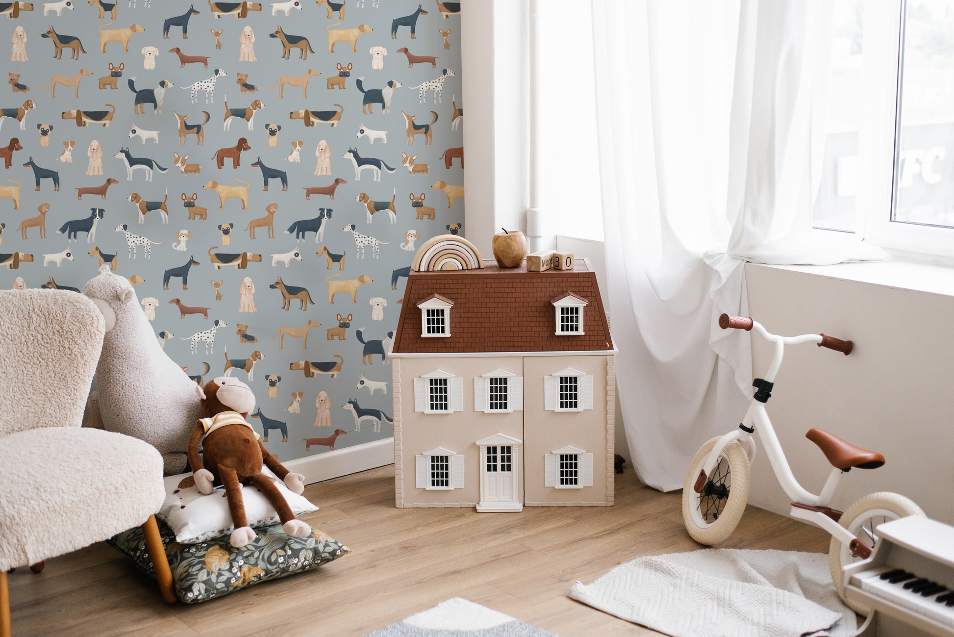 Fun dog print wallpaper for children's spaces
