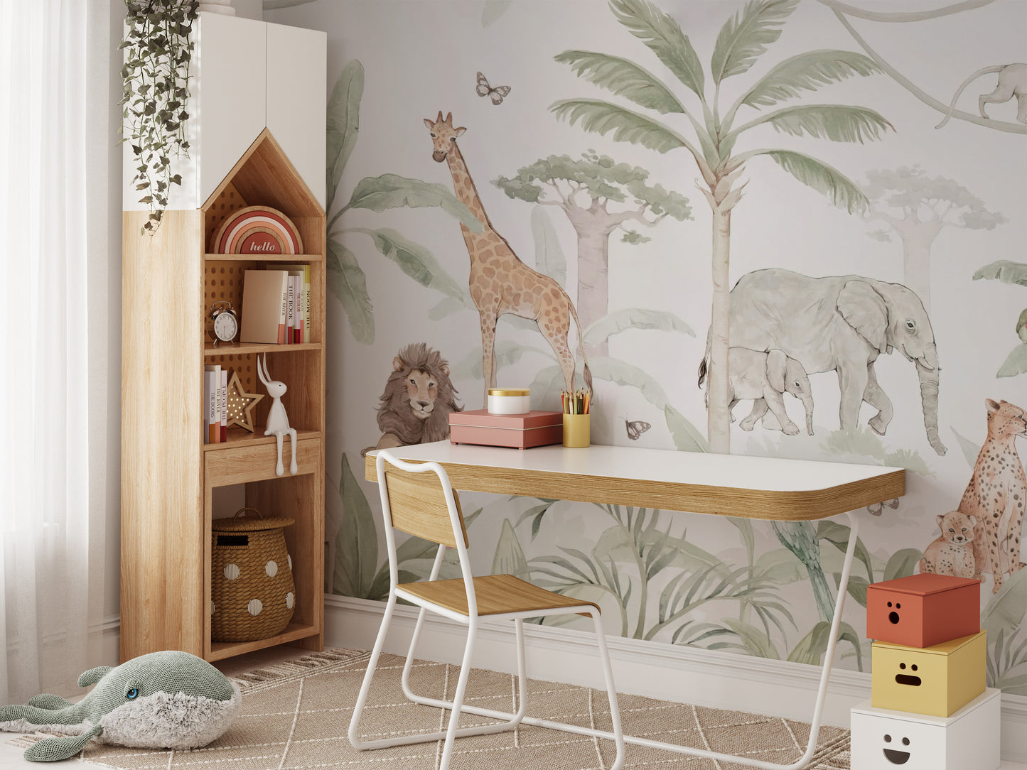 Peel and stick jungle wallpaper for nurseries and playrooms
