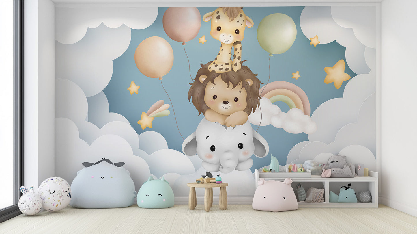 Create a magical balloon fiesta with baby animals mural