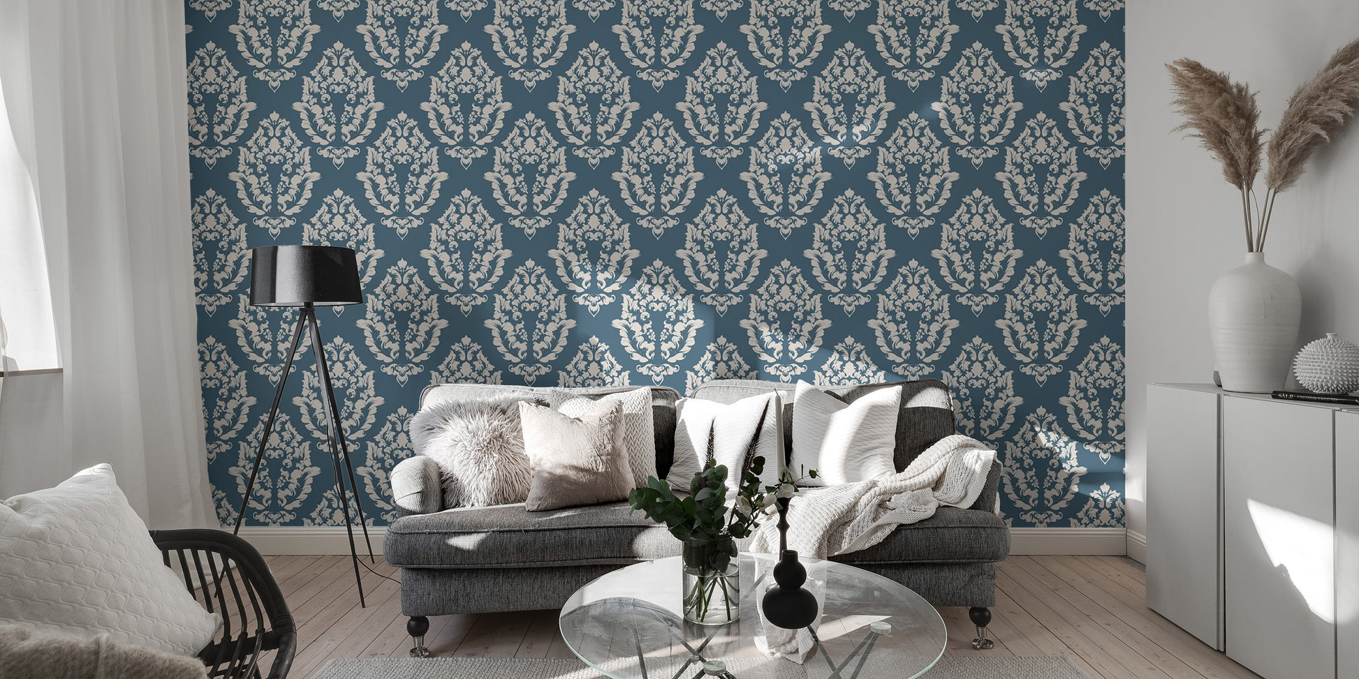 Sophisticated blue damask wallpaper decor
