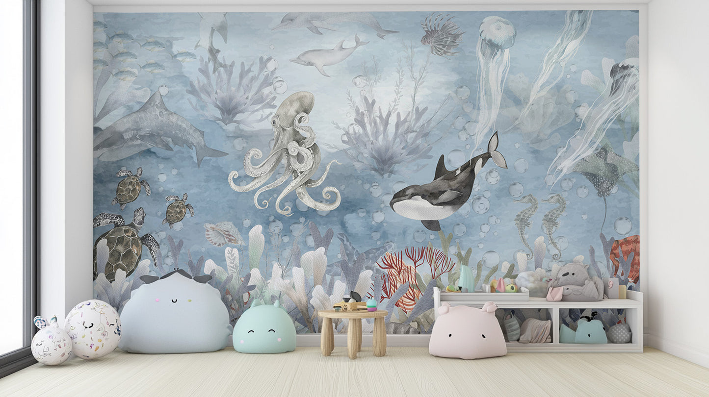 Deep sea creatures wallpaper mural in a symphony of colors.
