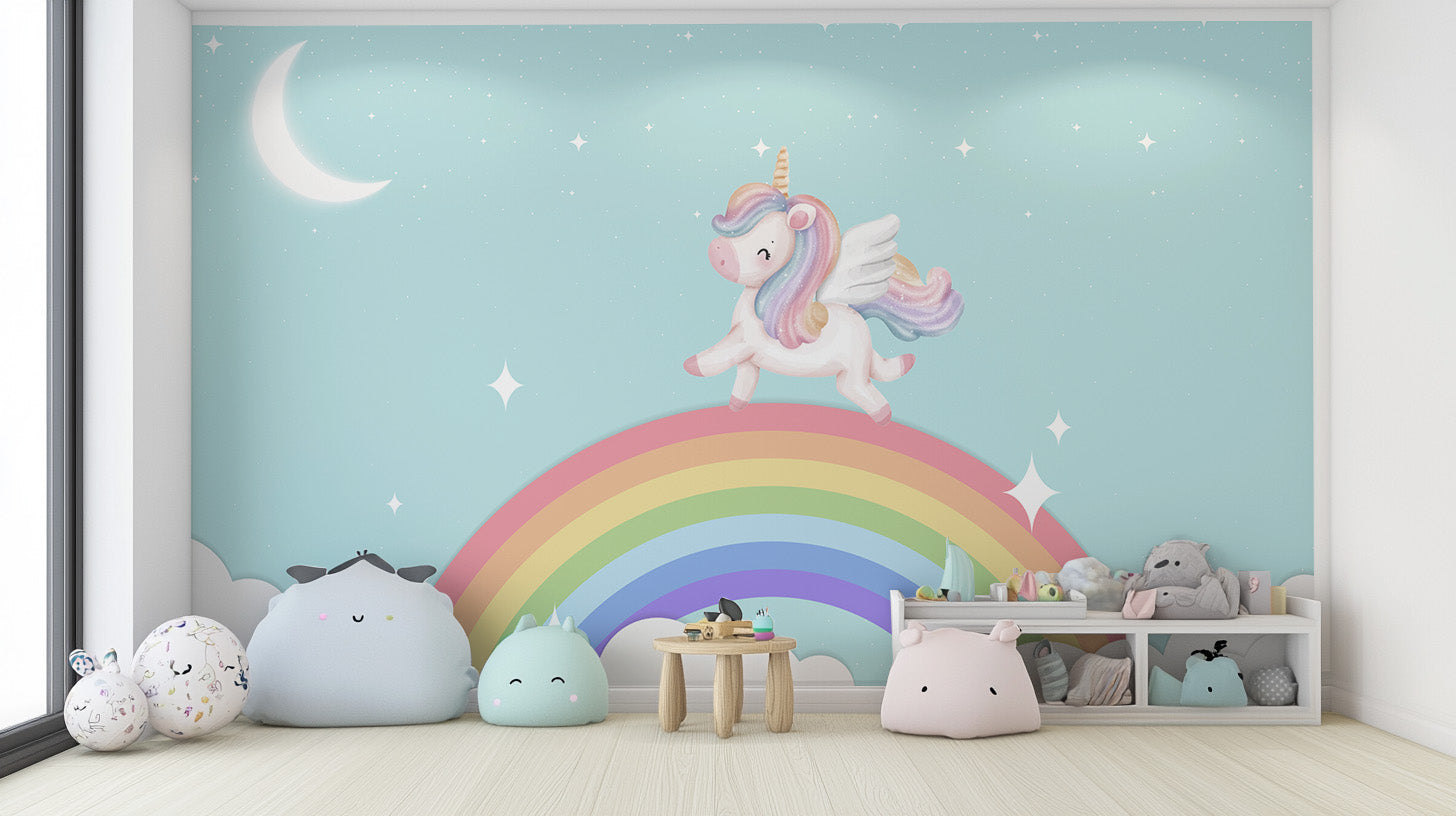 Magical rainbow unicorn wallpaper mural for kids' rooms.
