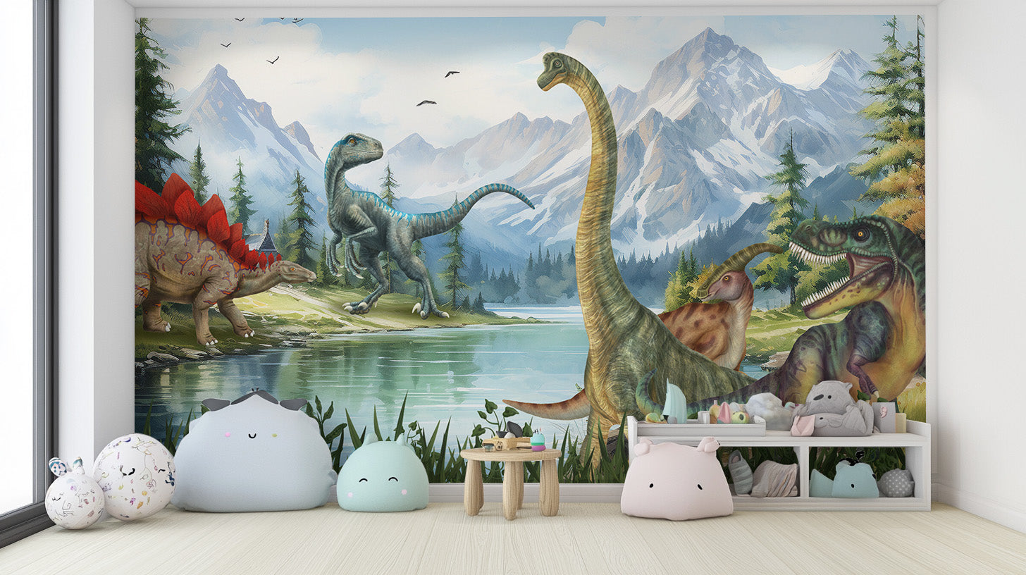 Dinosaur-filled Jurassic Valley wallpaper mural for kids' rooms.
