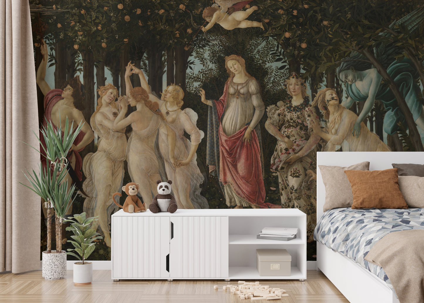 Renaissance beauty in Botticelli’s Primavera wall mural.
