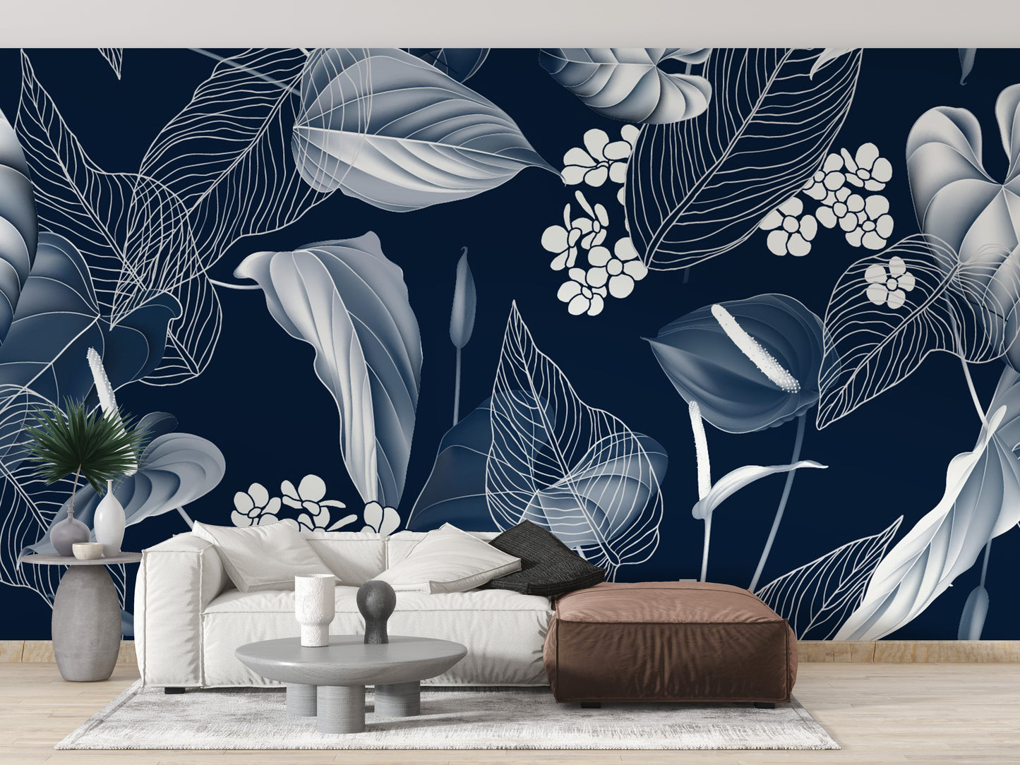 Dark Blue Anthurium & Blue Leaves Wallpaper