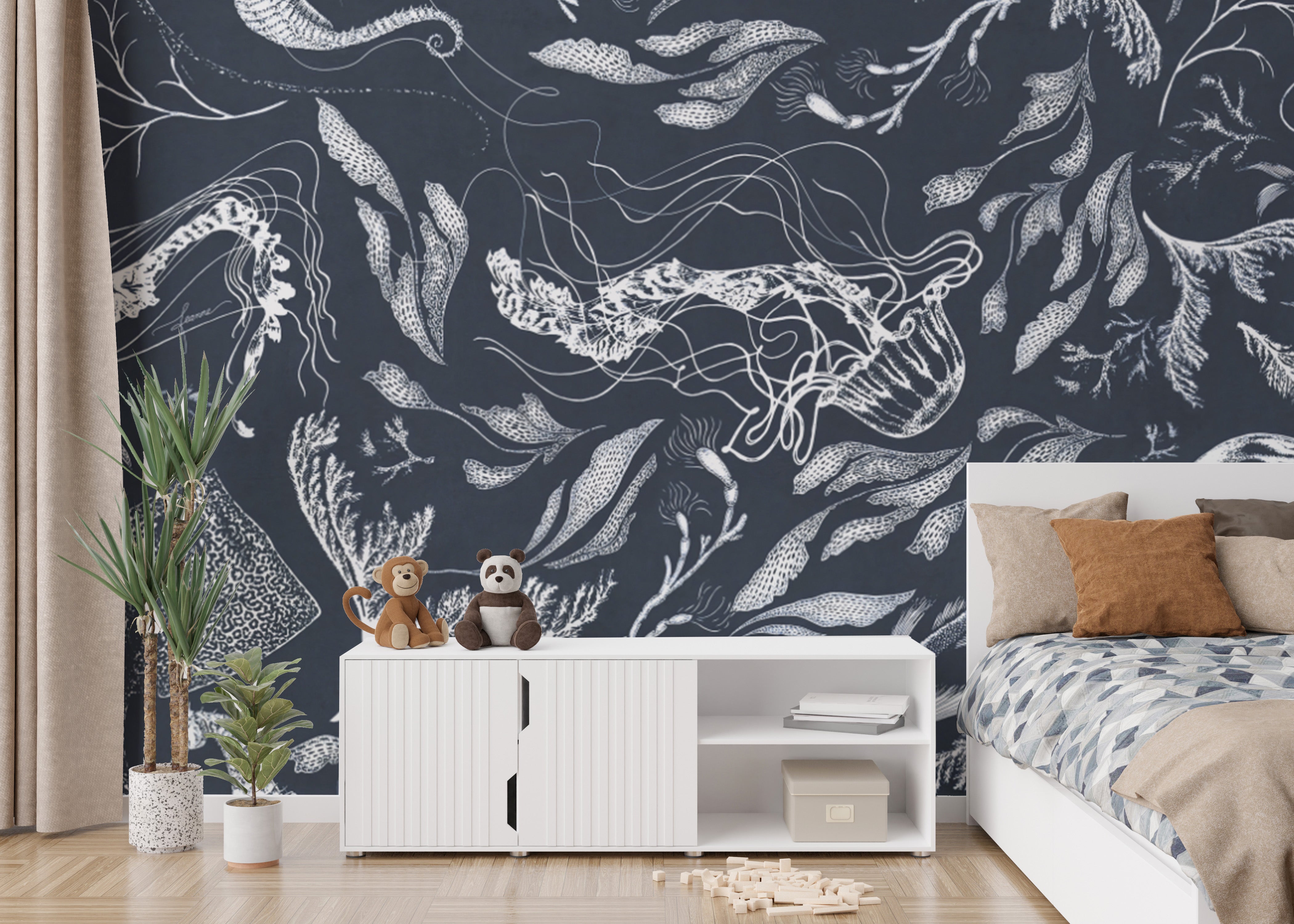 Navy marine life wallpaper featuring oceanic creatures and coral.
