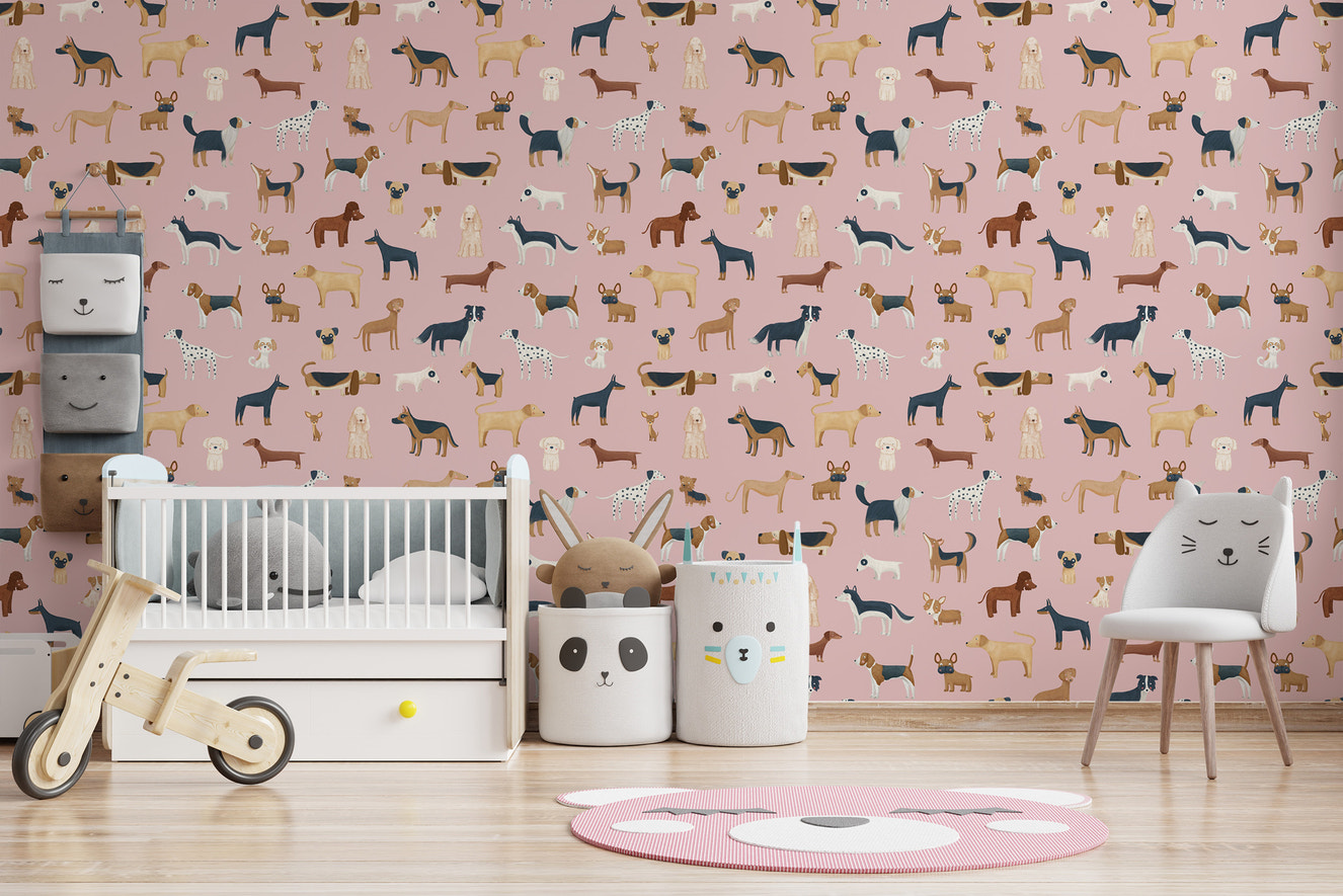 Pink dog pattern wallpaper for kids’ rooms
