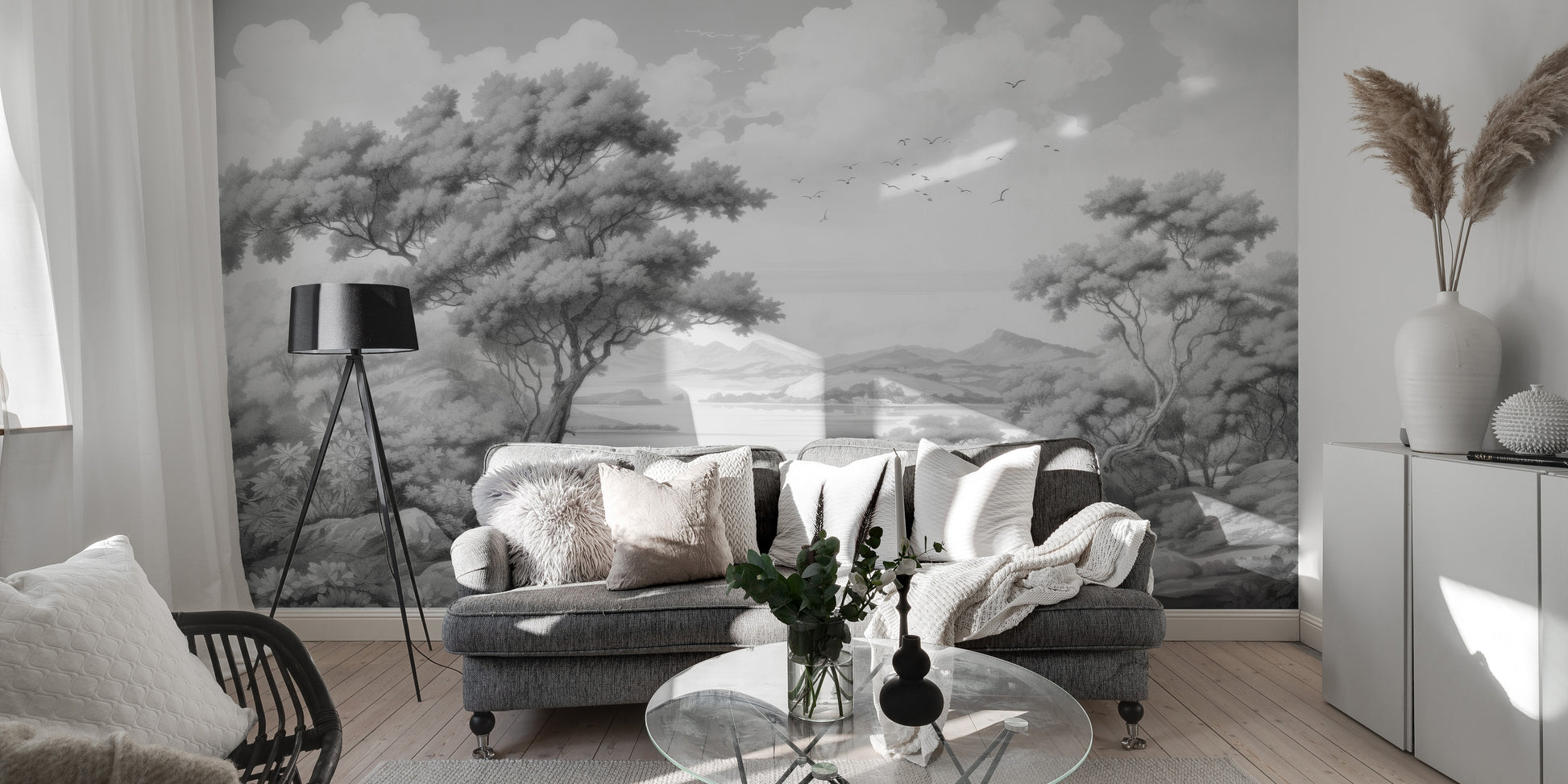 Artistic gray town wall mural design
