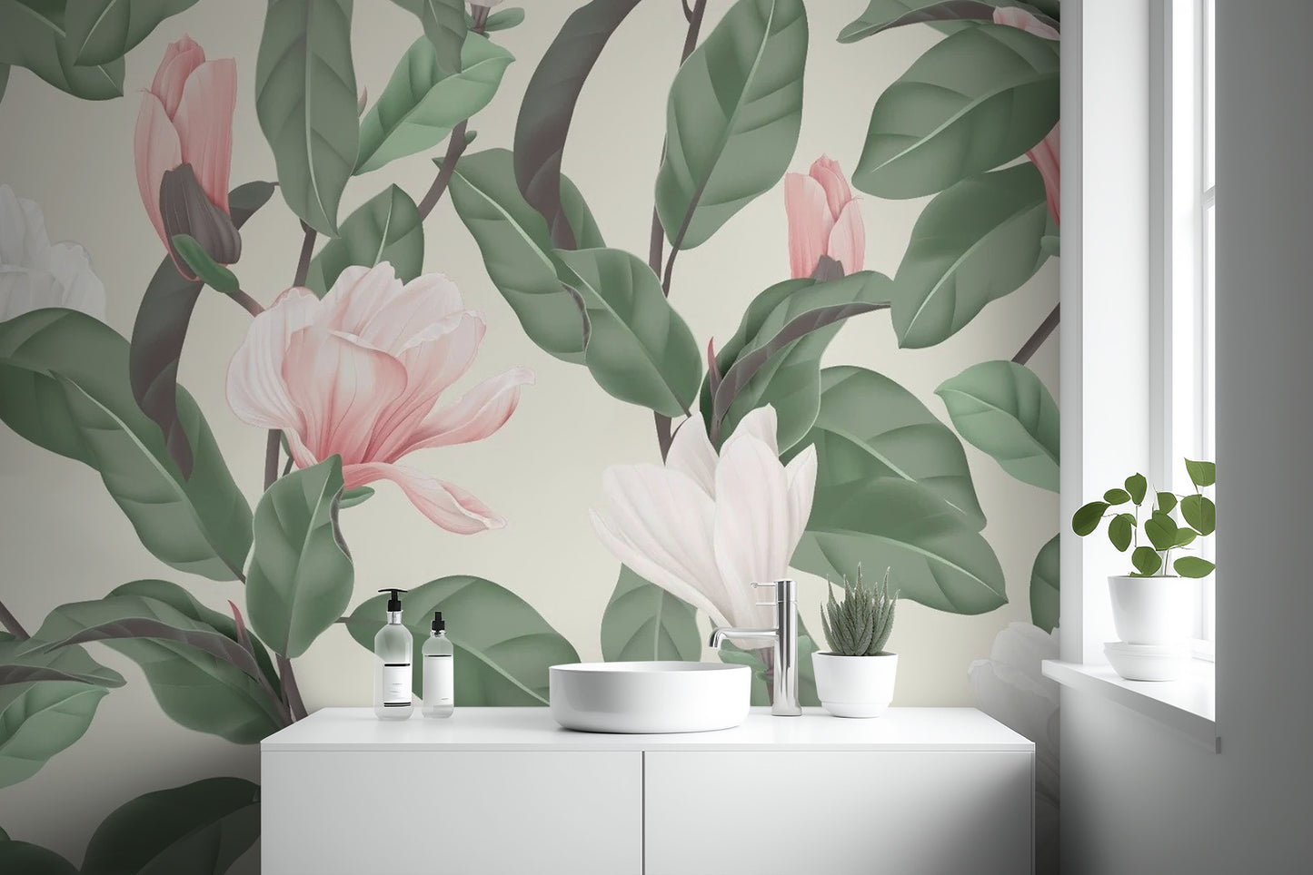 White & Pink Magnolia Flower Wallpaper Murals