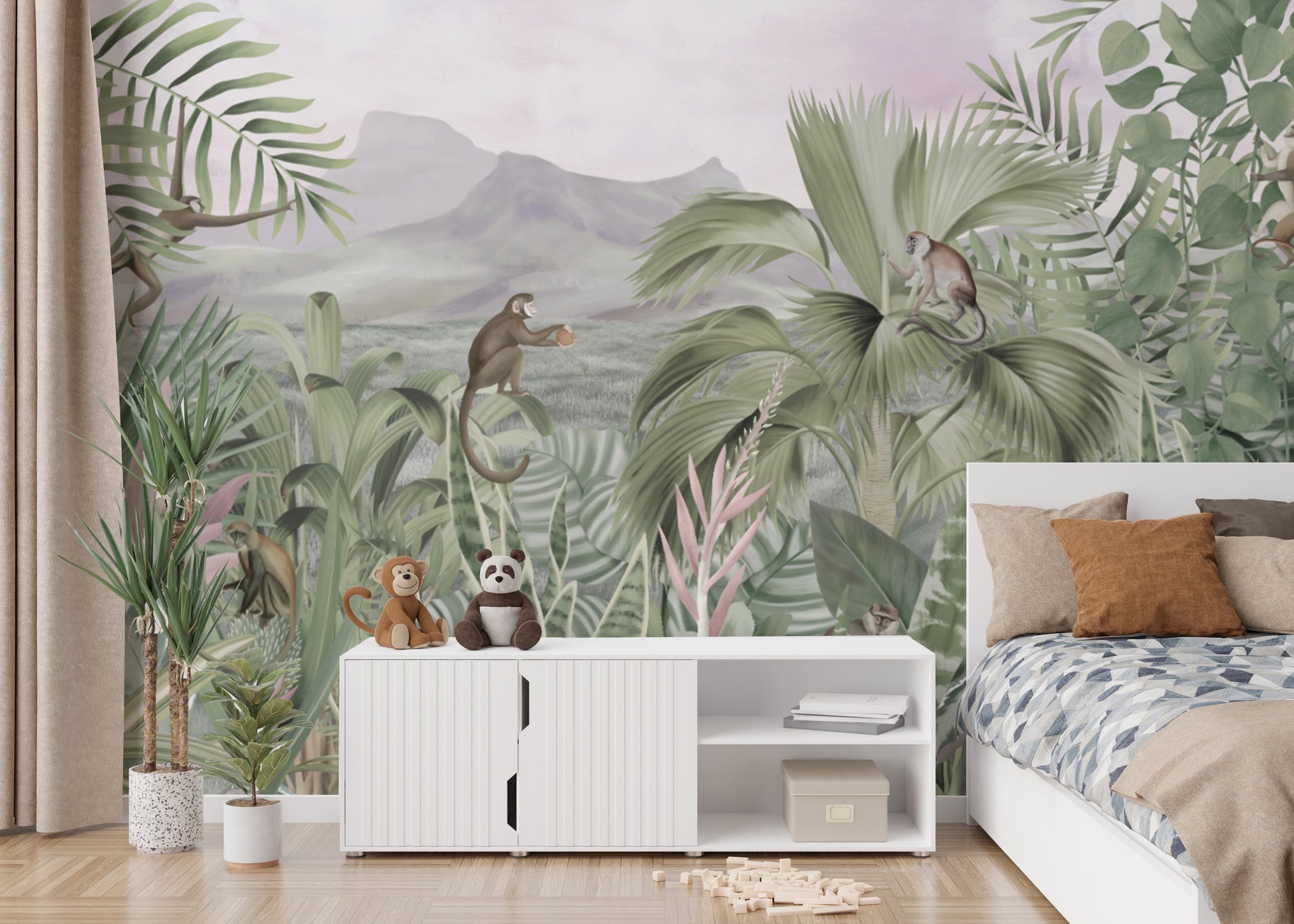 Green botanical jungle mural with playful monkeys
