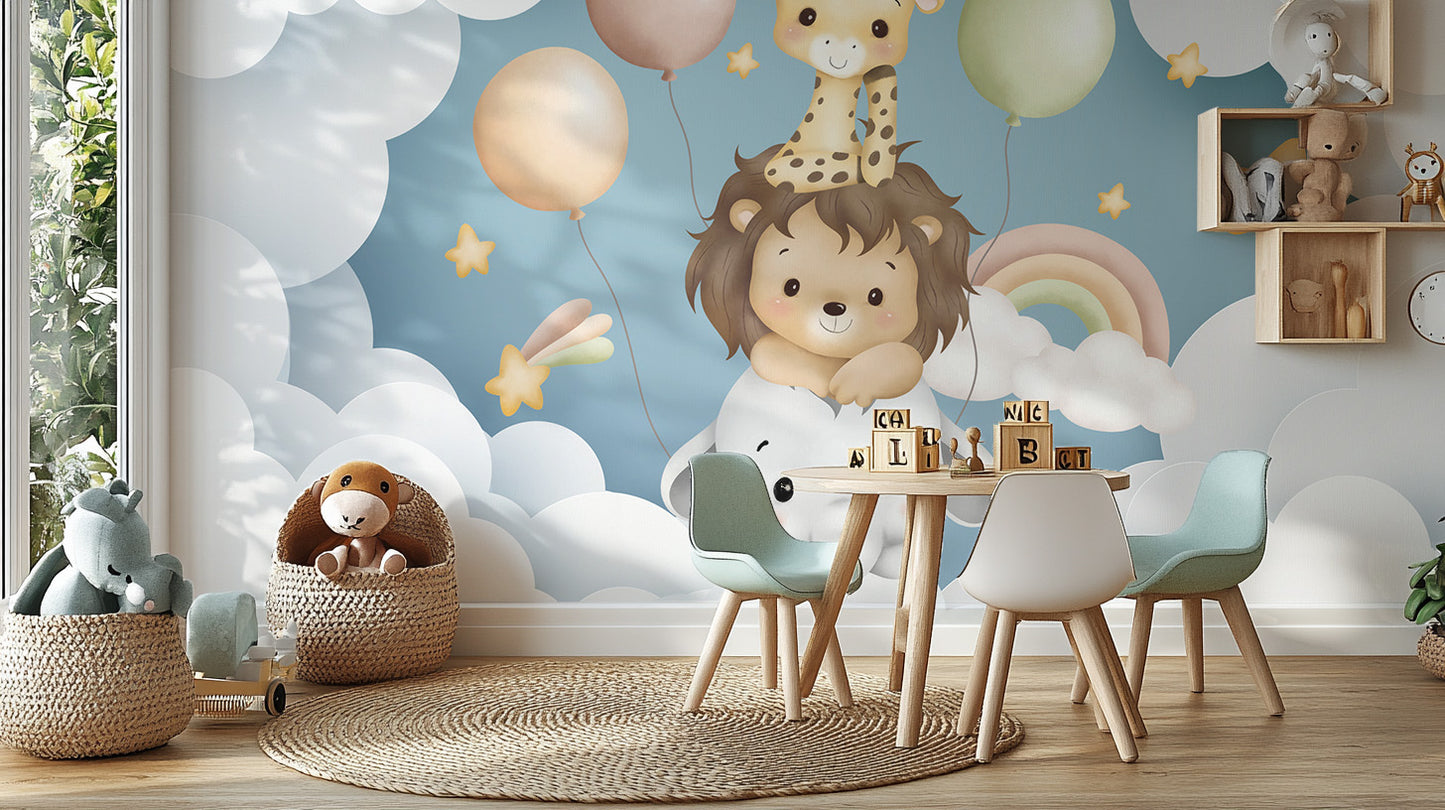 Fun-filled baby animal balloon fiesta mural for kids' rooms