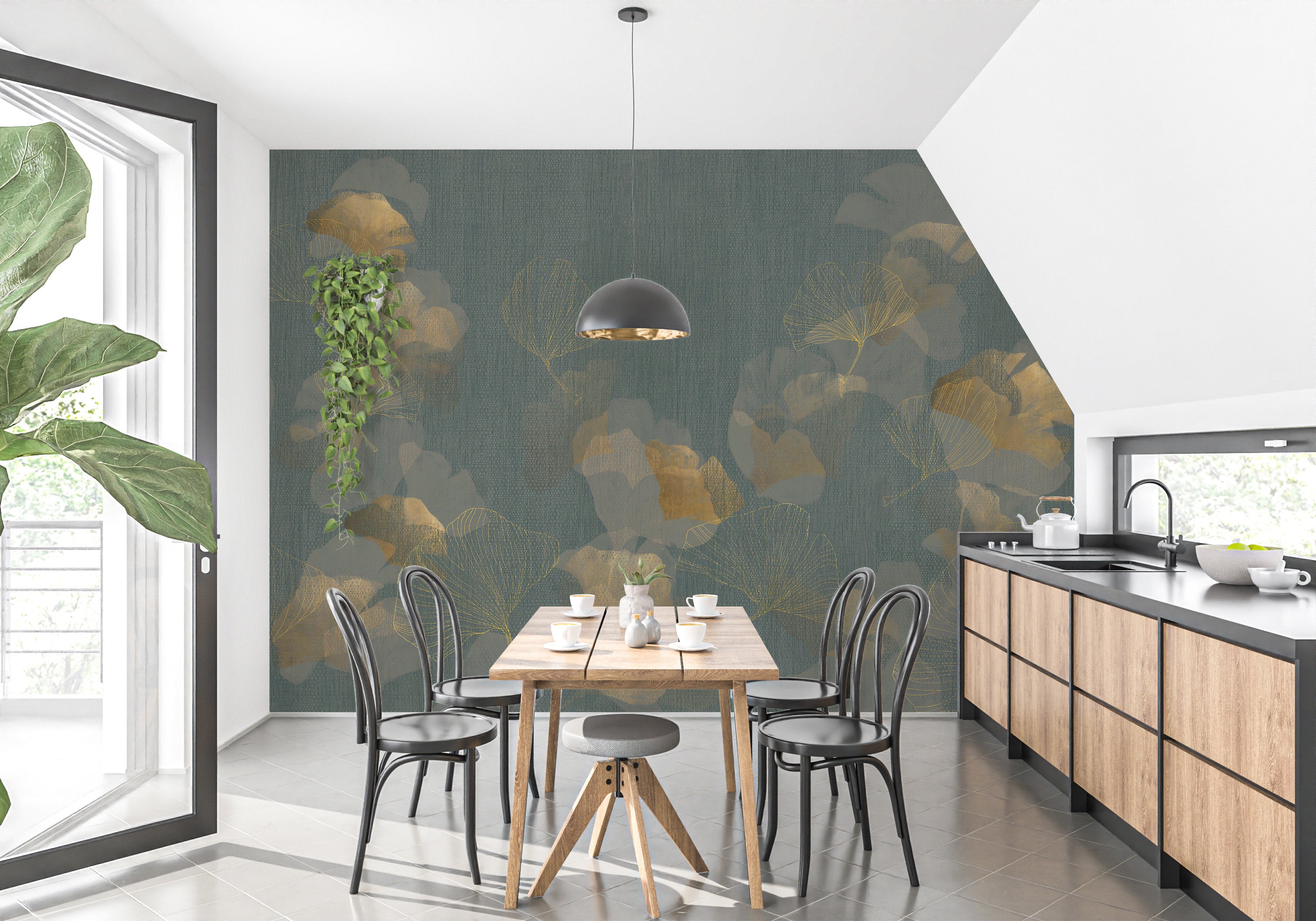 Golden leaf wallpaper mural for a glamorous wall accent
