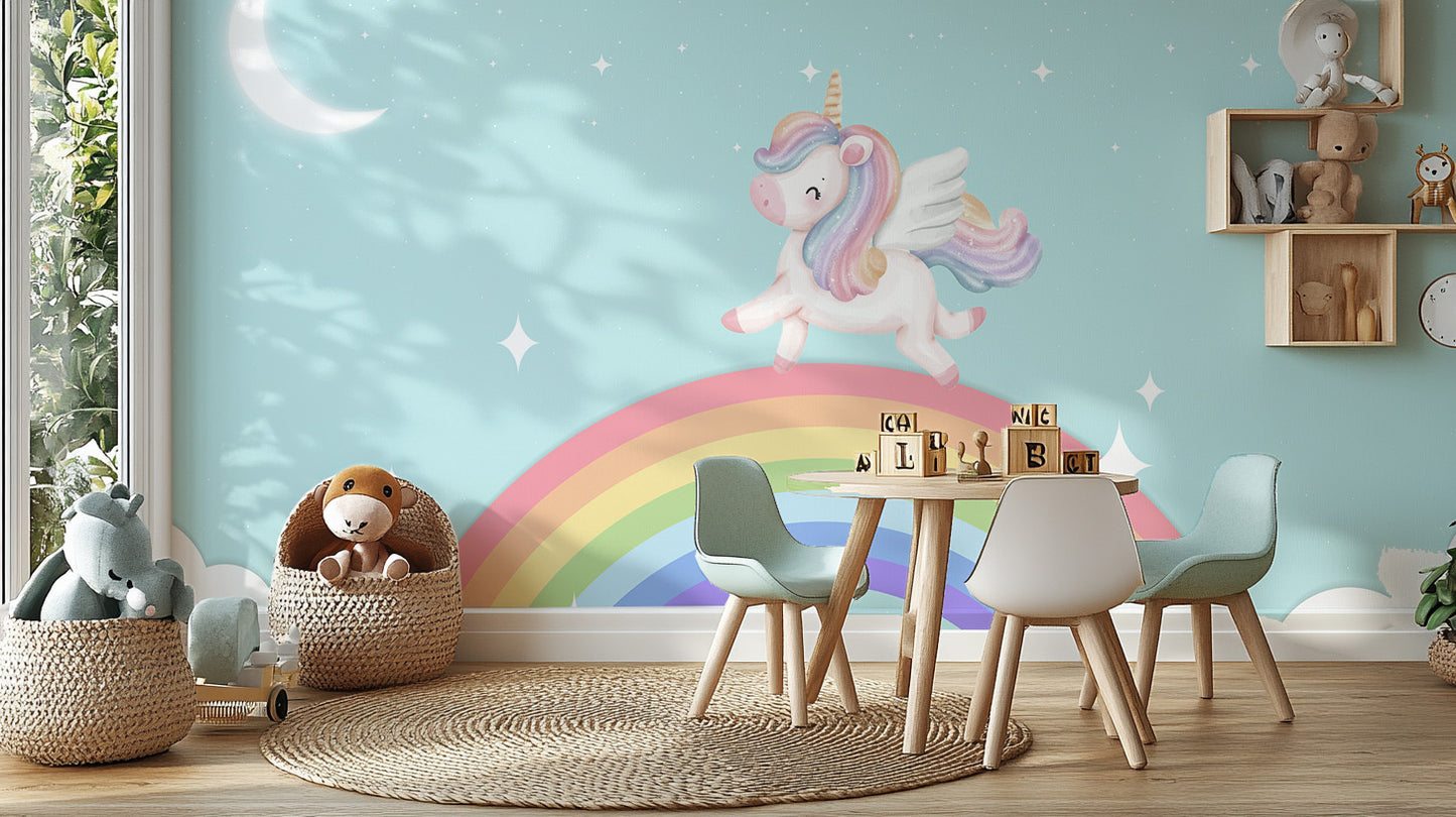 Starlit rainbow unicorn wallpaper mural for magical walls.
