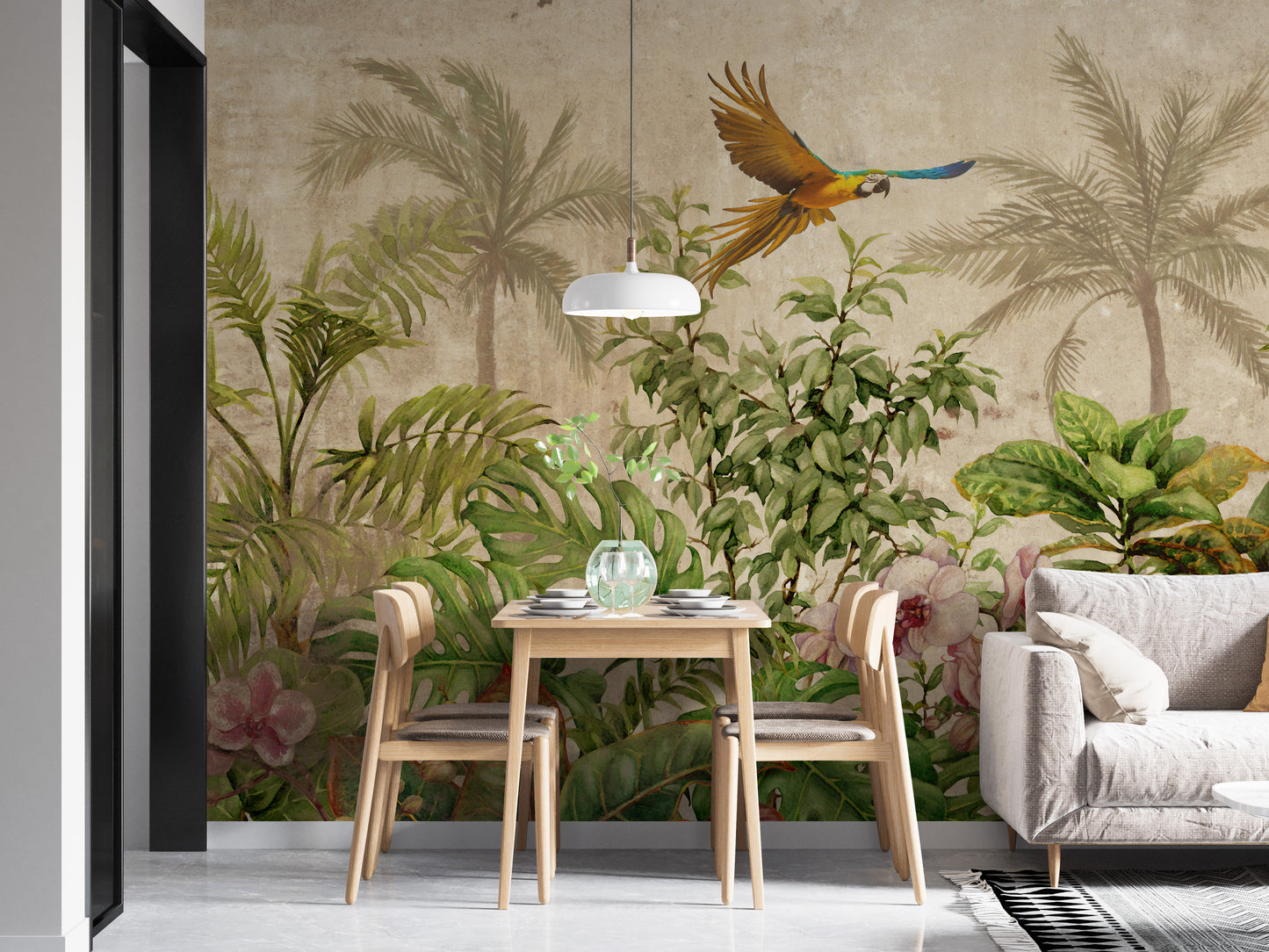 Tropical Jungle Wall Mural with Bird
