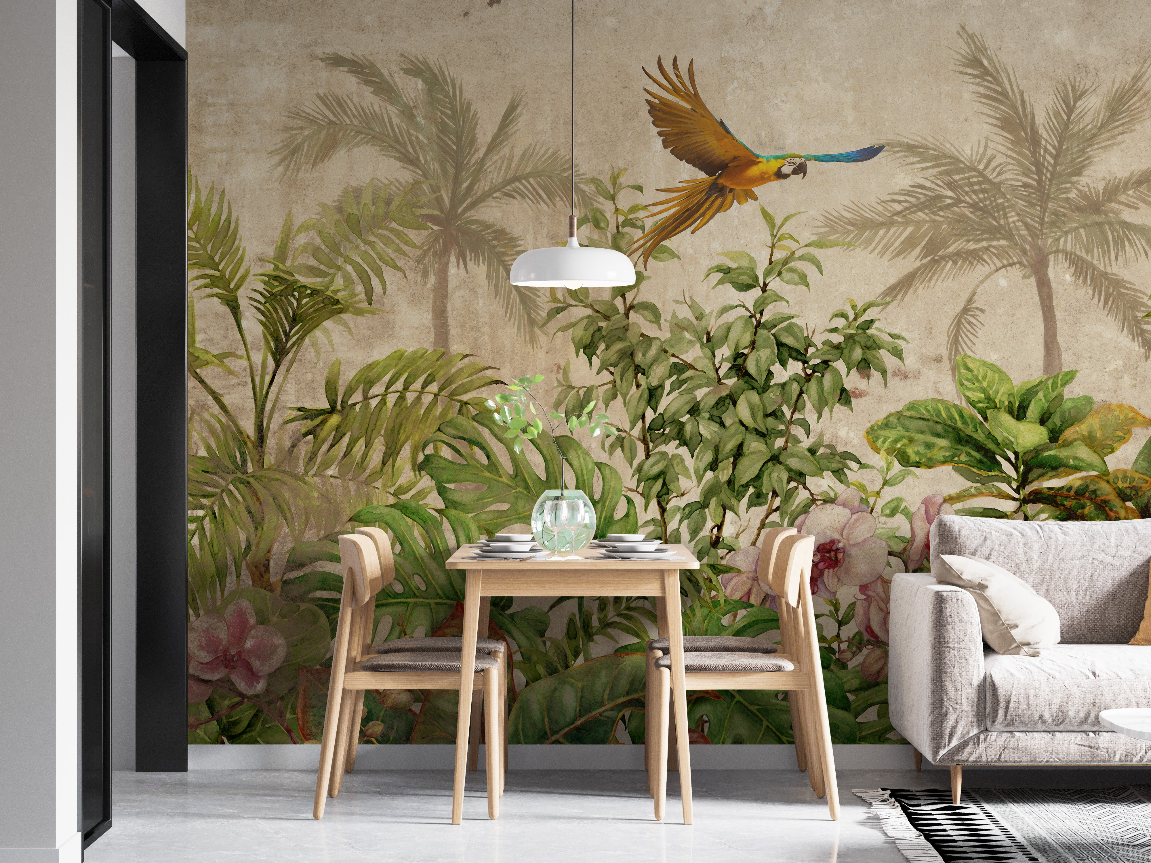 Tropical Jungle Wall Mural with Bird
