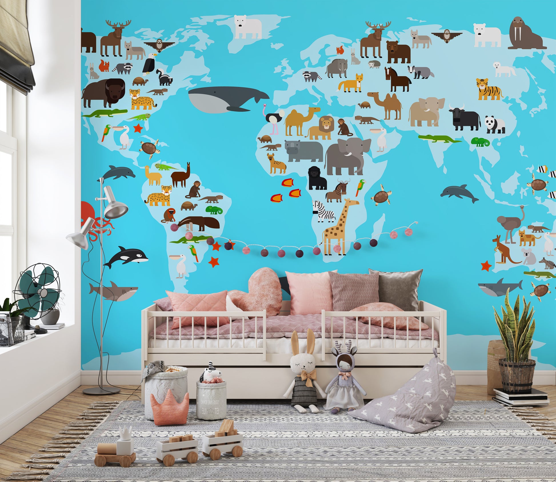 Interactive kids' mural with animals and a world map design.
