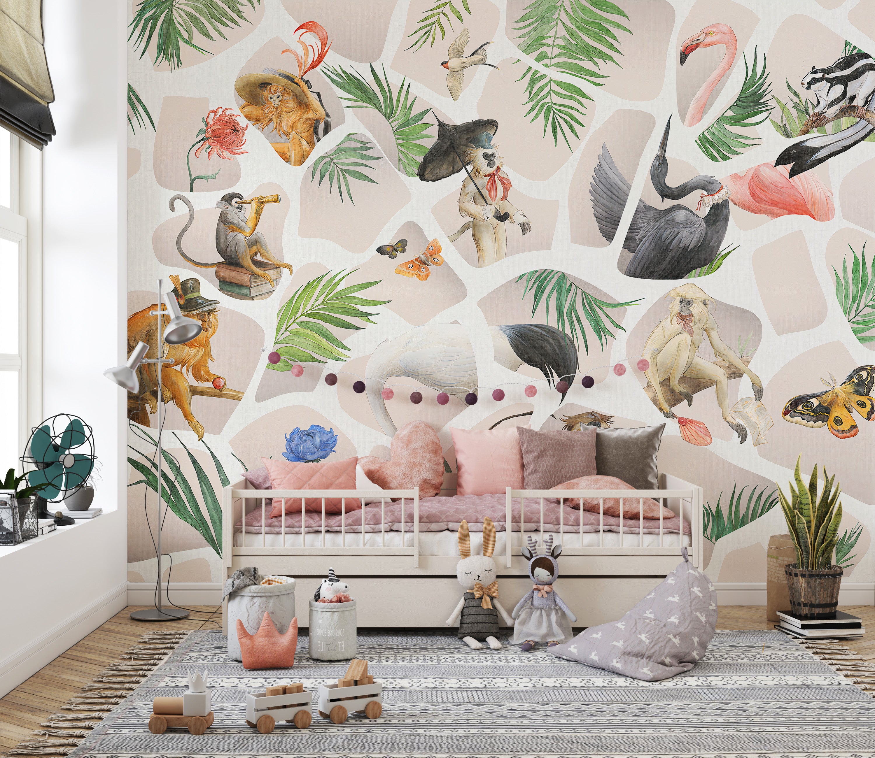 Whimsical watercolor mural with pink monkeys and birds design.
