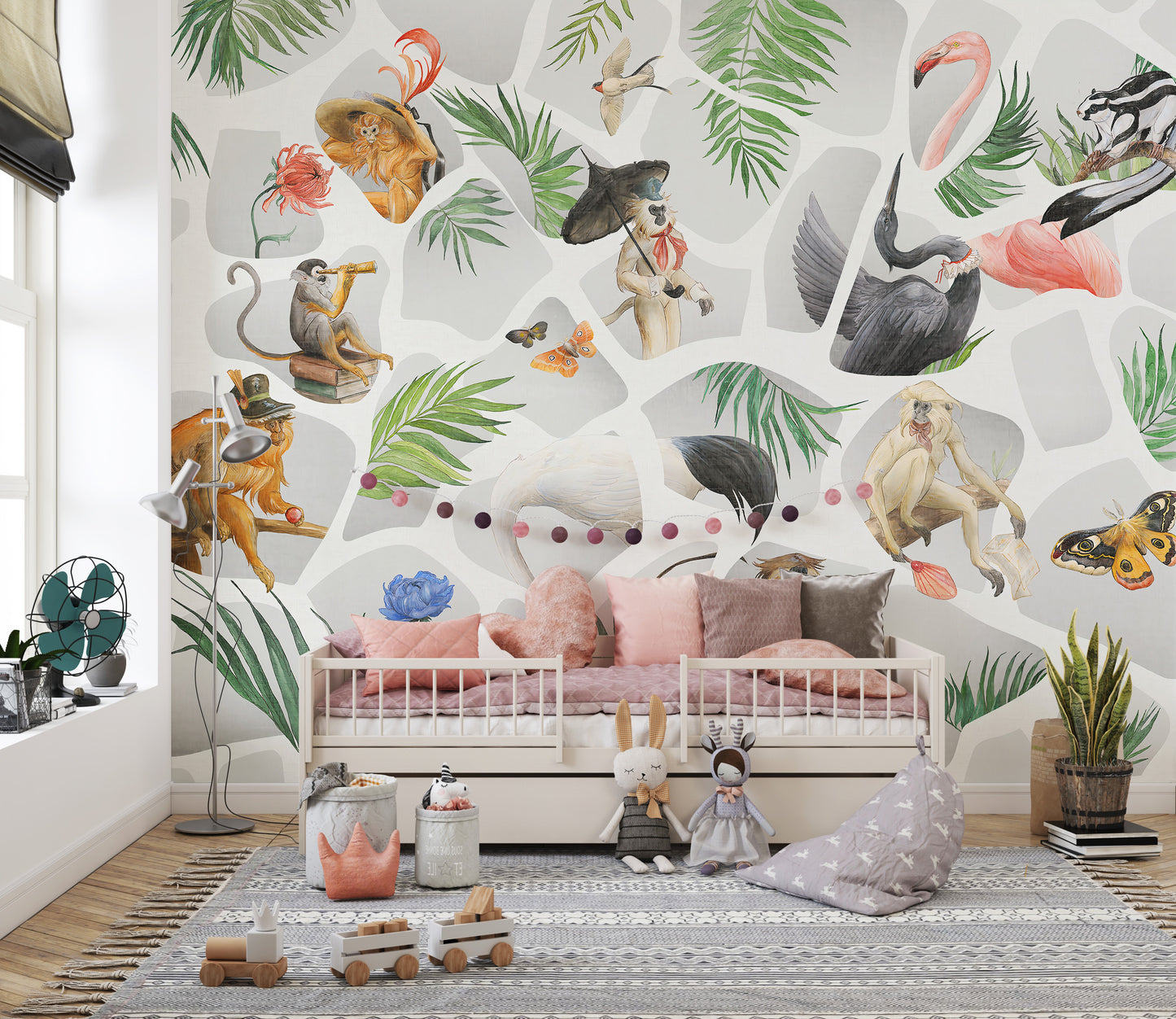 Watercolor gray monkey and birds mural for elegant interiors.
