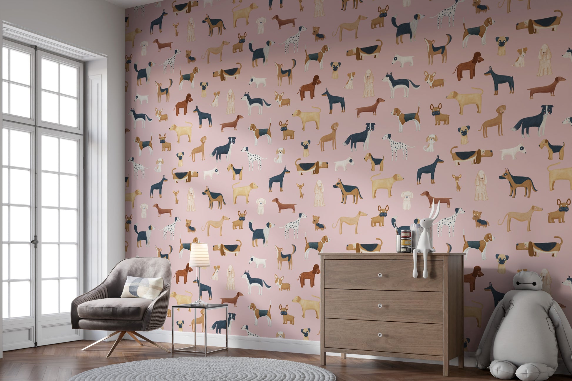 Playful dog wallpaper for nursery decor
