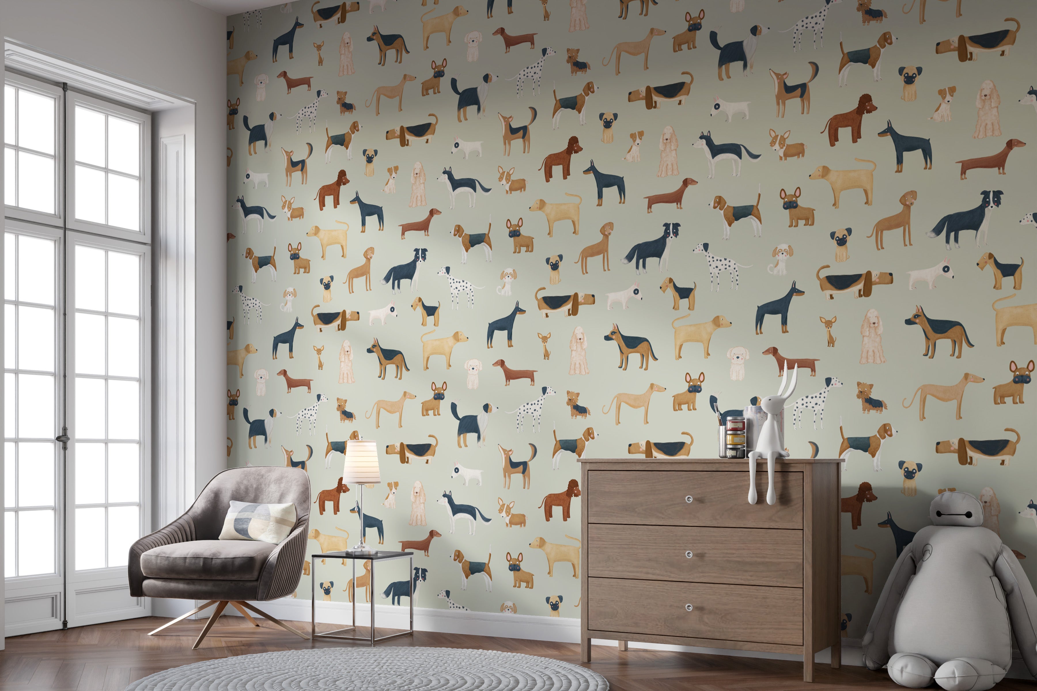 Cheerful pup pattern wallpaper for nursery design
