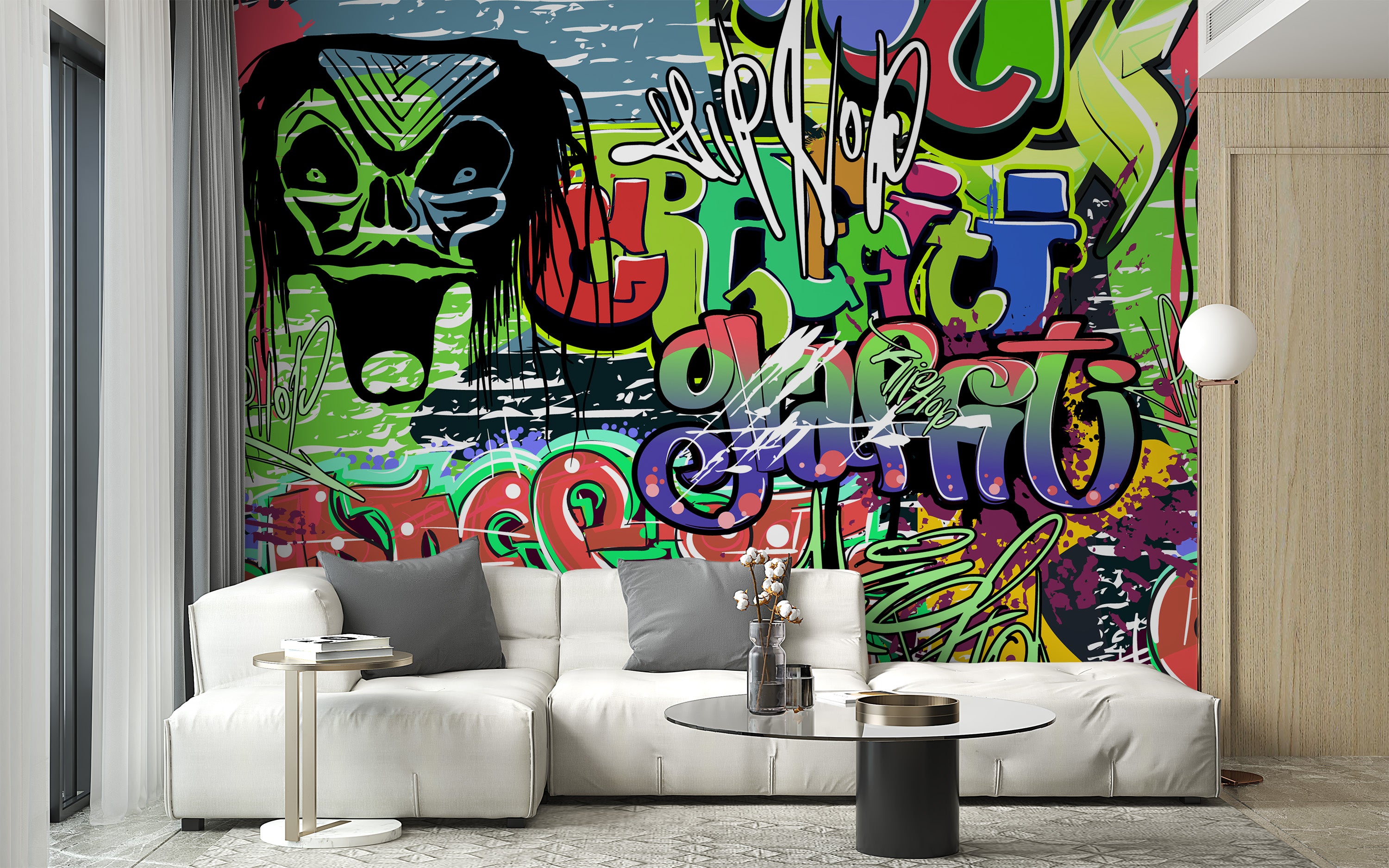 Urban-style vibrant graffiti wallpaper mural for unique spaces.