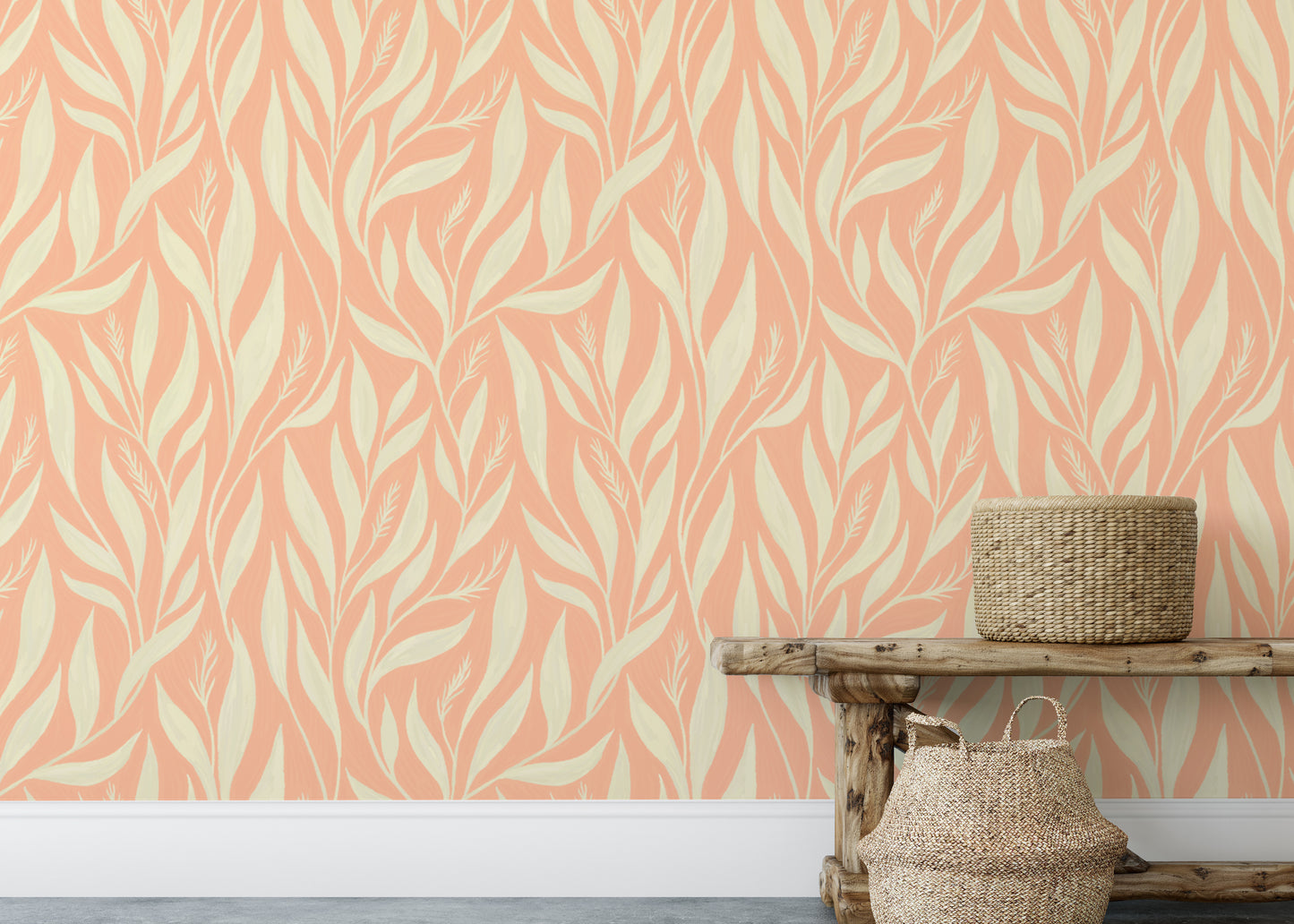 Peach and white wallpaper with leafy design
