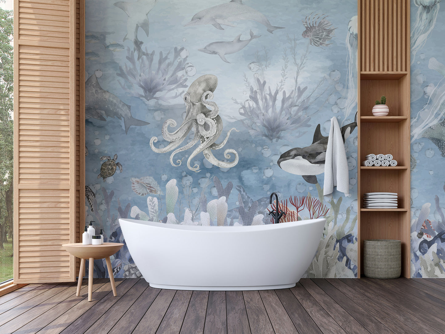 Deep sea symphony wallpaper with vibrant underwater mural.
