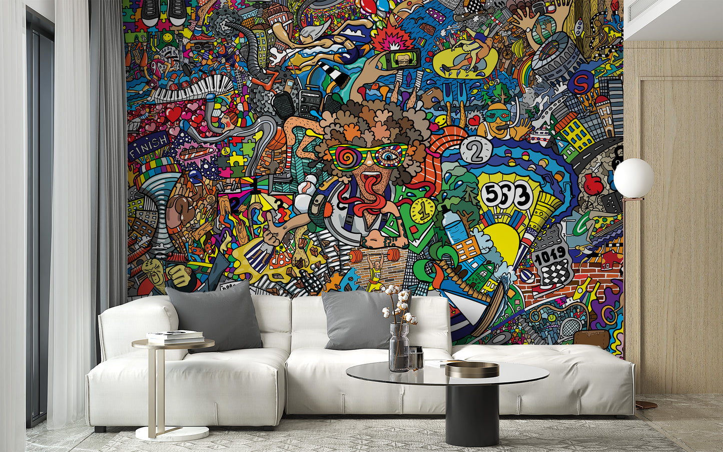 Artistic sports-themed graffiti wall mural wallpaper for interiors.