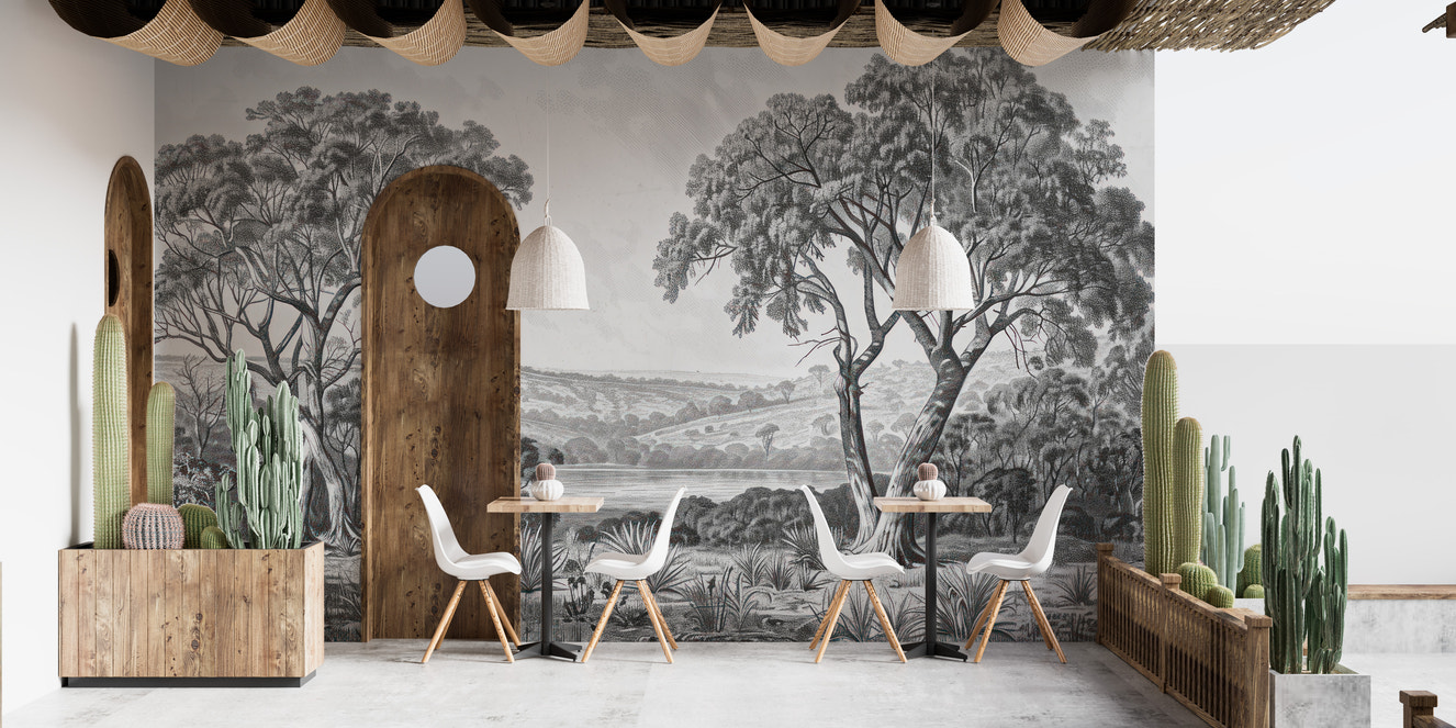 Black & white foggy forest wallpaper mural
