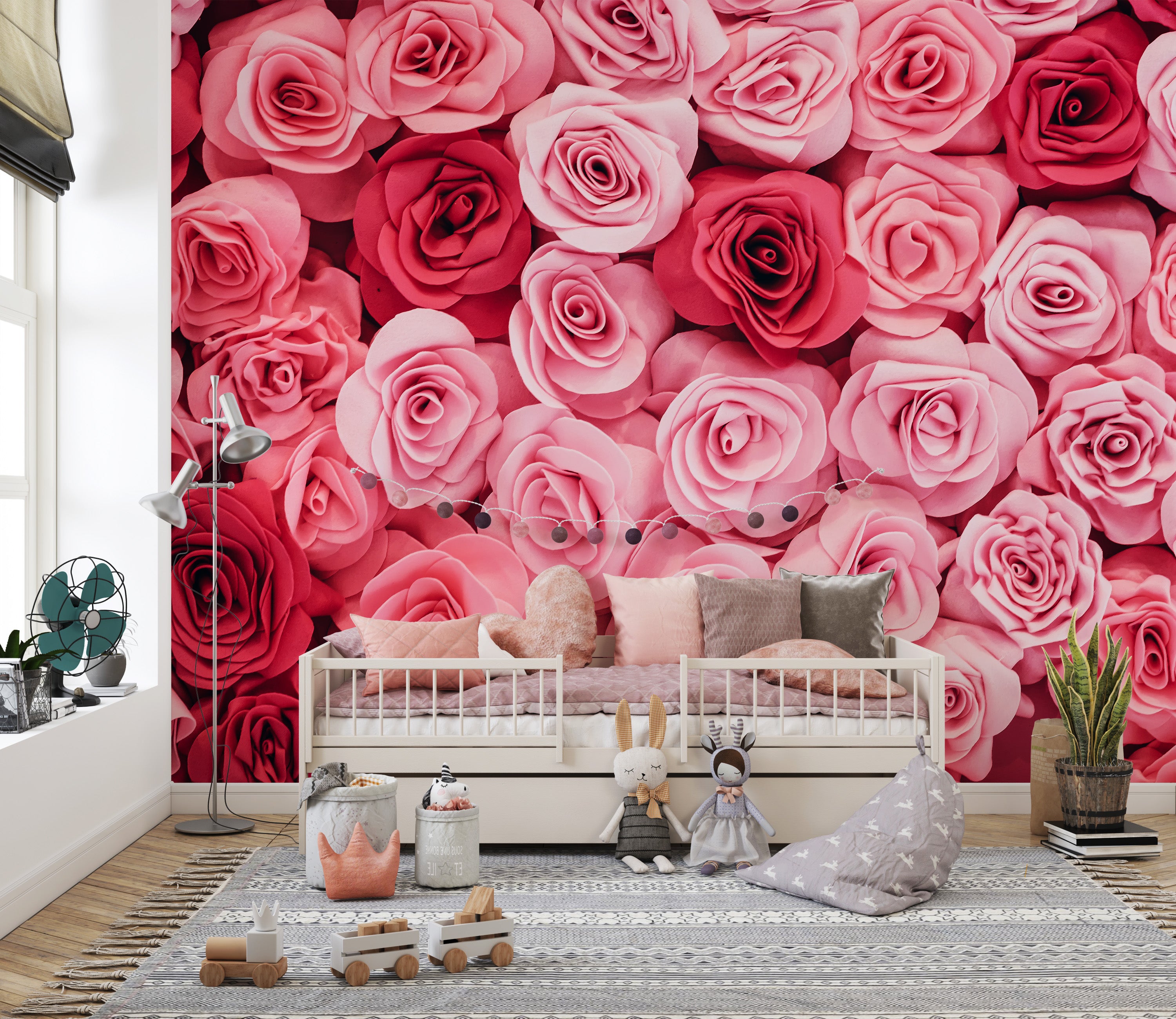 Soft pink roses mural creating a serene and floral ambiance.
